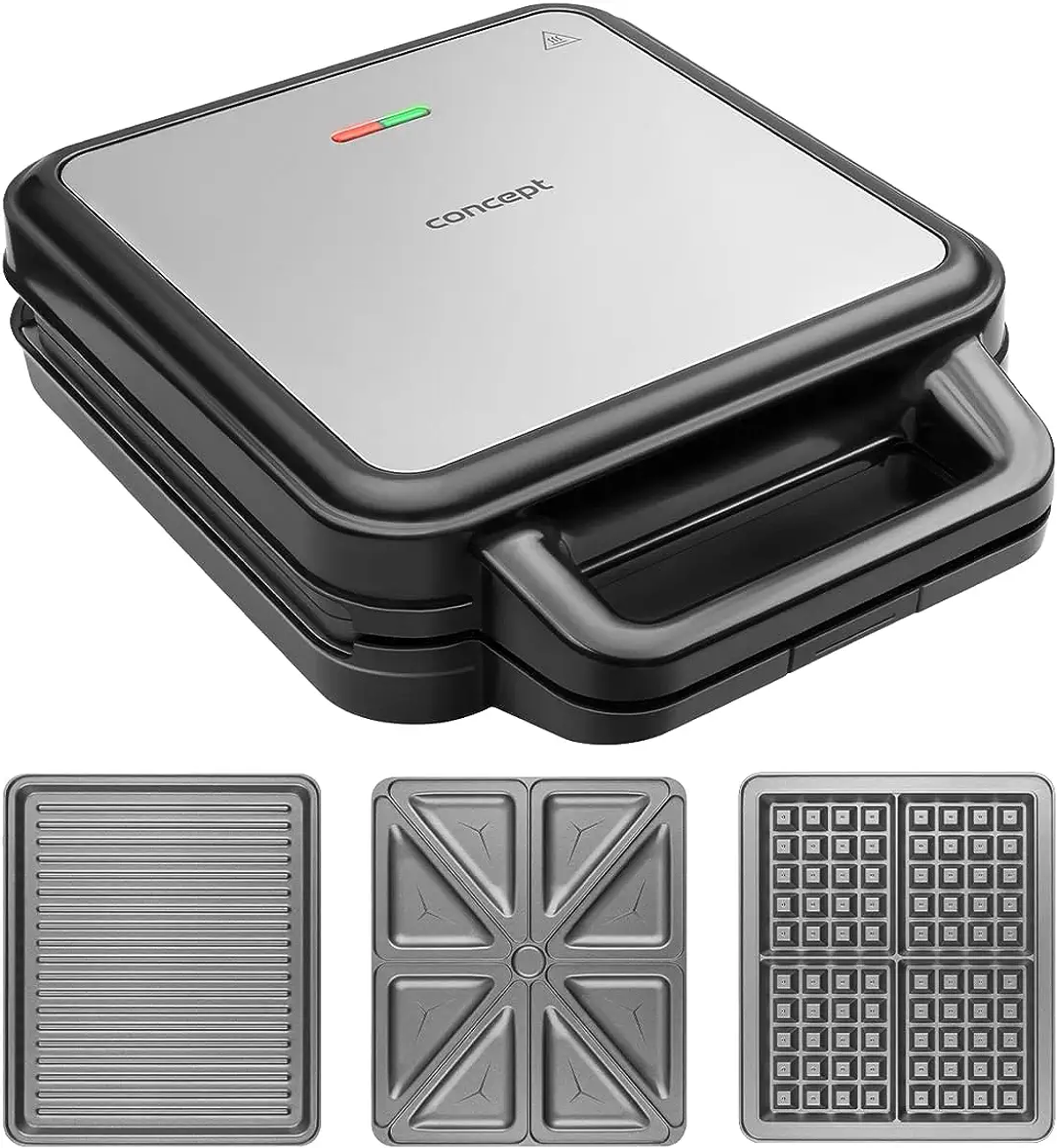 Black and silver waffle maker with different griddle plates. Red and green lights on top indicate status.