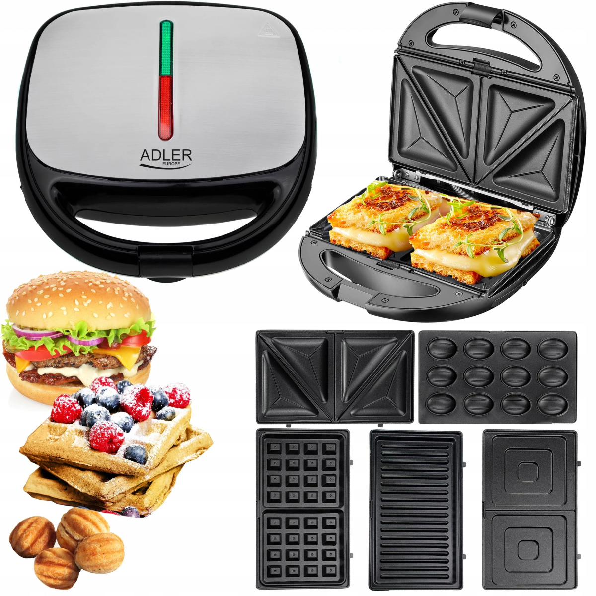 Toster do kanapek, różne płyty, gofrownica i burger.