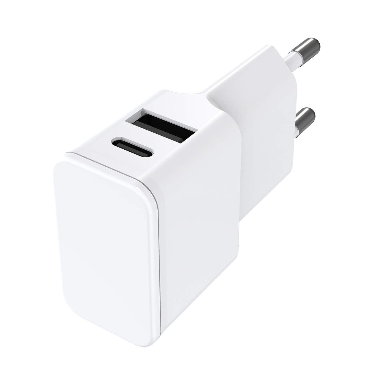 Weißes USB-Ladegerät mit zwei USB-Anschlüssen. Schwarze Anschlüsse. Weißer Hintergrund.