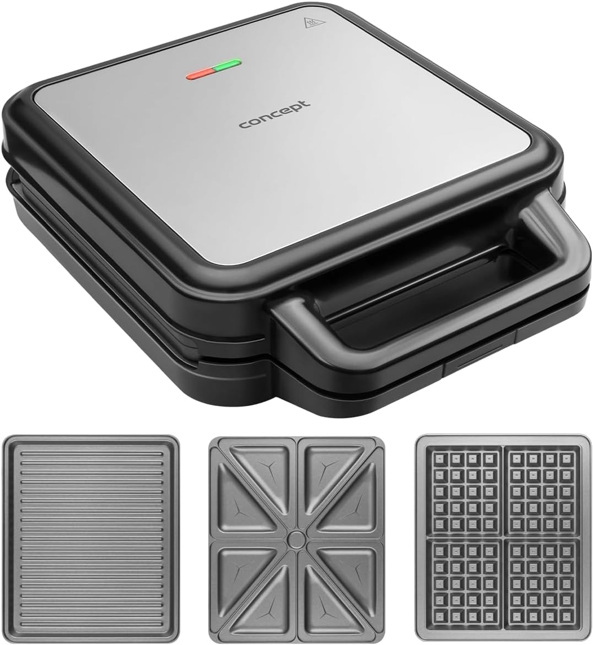 Black and silver waffle maker with interchangeable plates, red/green light.