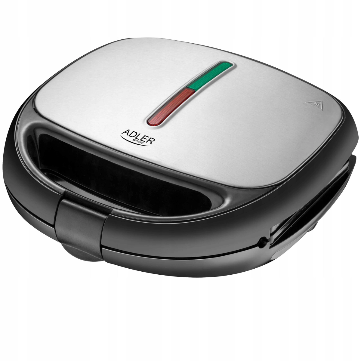 Toster do kanapek ze stali nierdzewnej. Zielone i czerwone światła wskazują działanie. Czarne akcenty i uchwyt.