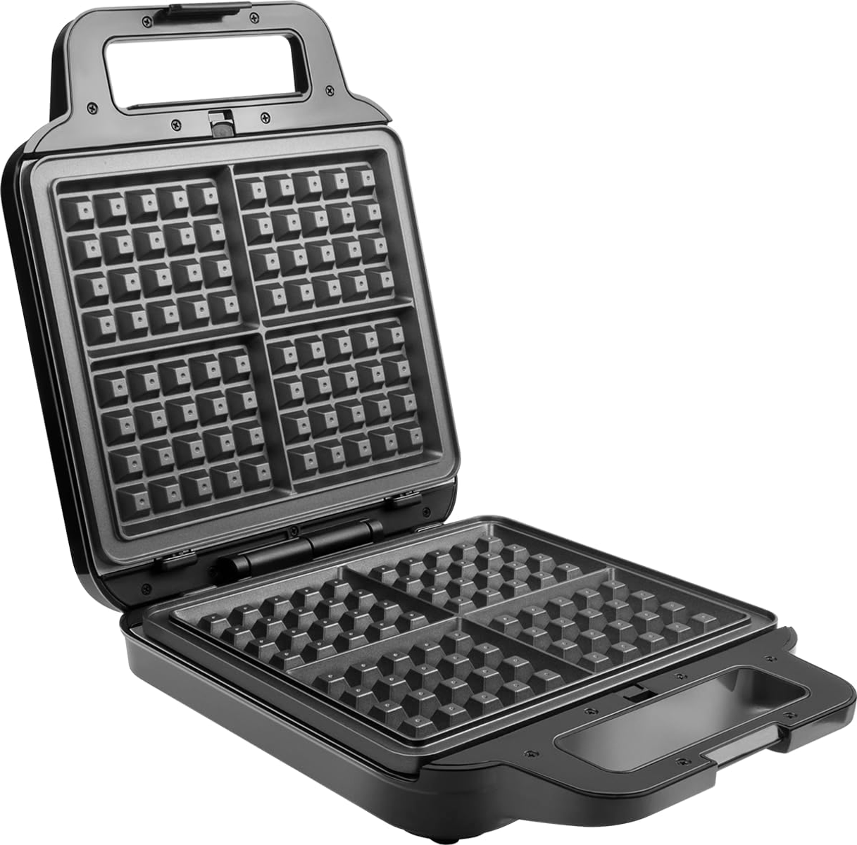 Black waffle maker, open, showing waffle grids.