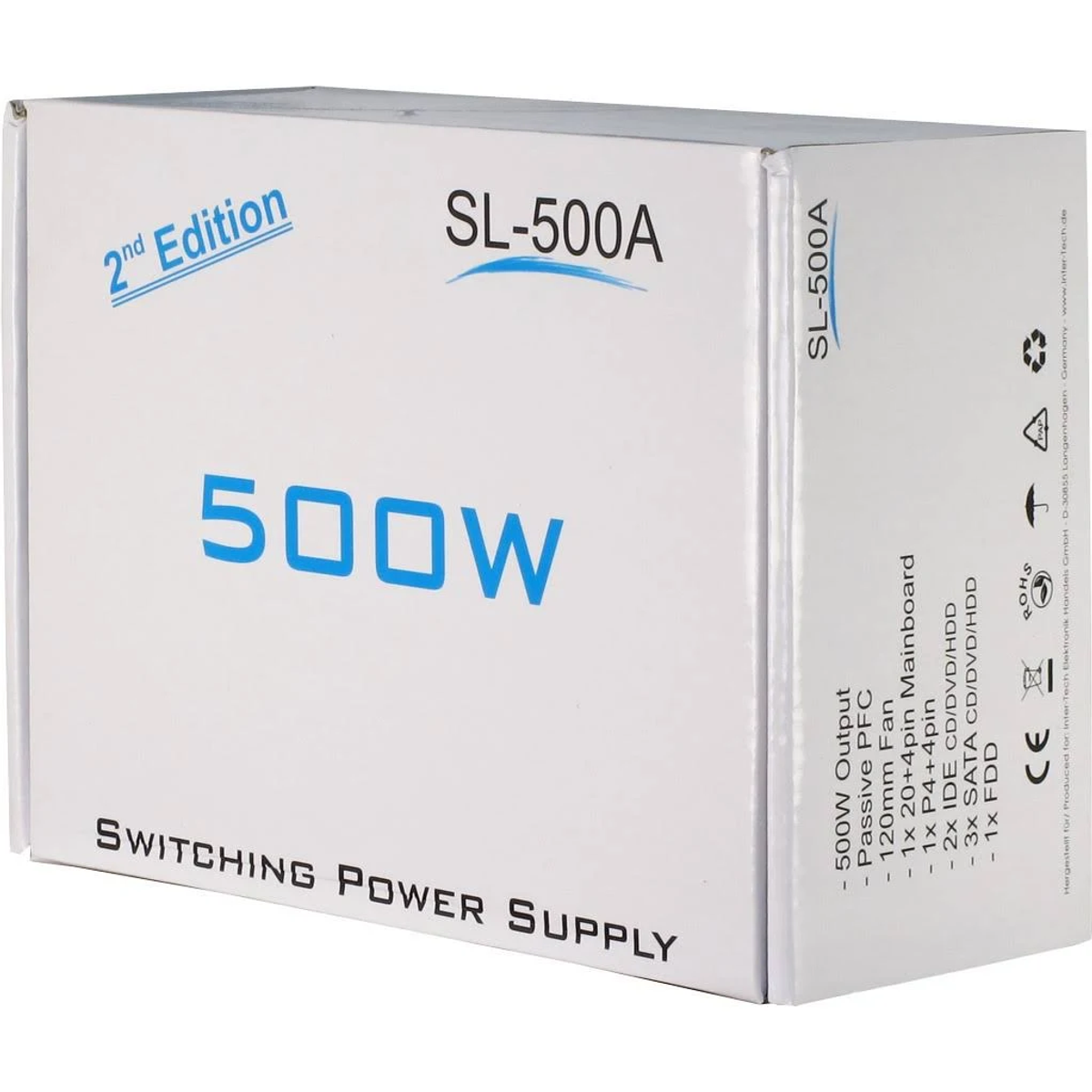 Witte doos van een switching voeding, met het label 'SL-500A', met specificaties op de zijkant.