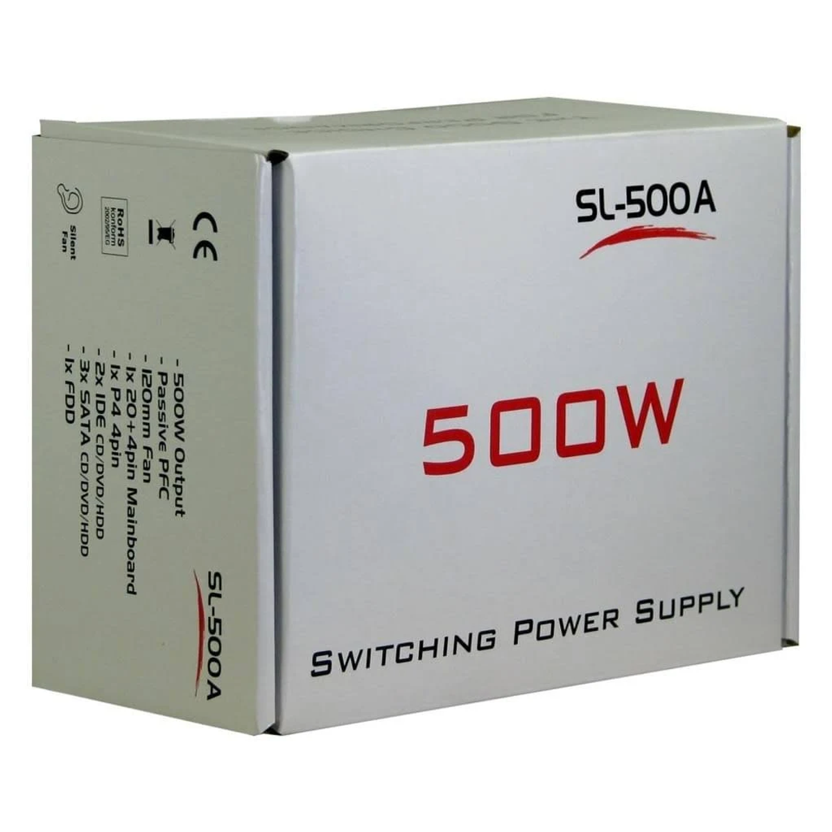 Een witte doos met de tekst "500W Switching Power Supply" en "SL-500A". Het staat op een witte achtergrond.
