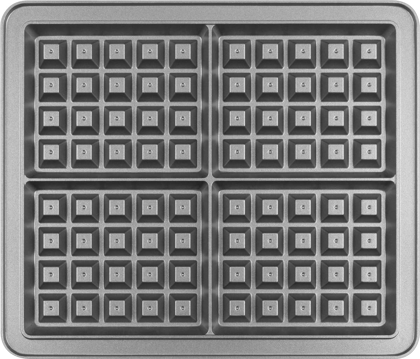 Close-up of a waffle iron with a rectangular shape and multiple square indentations.