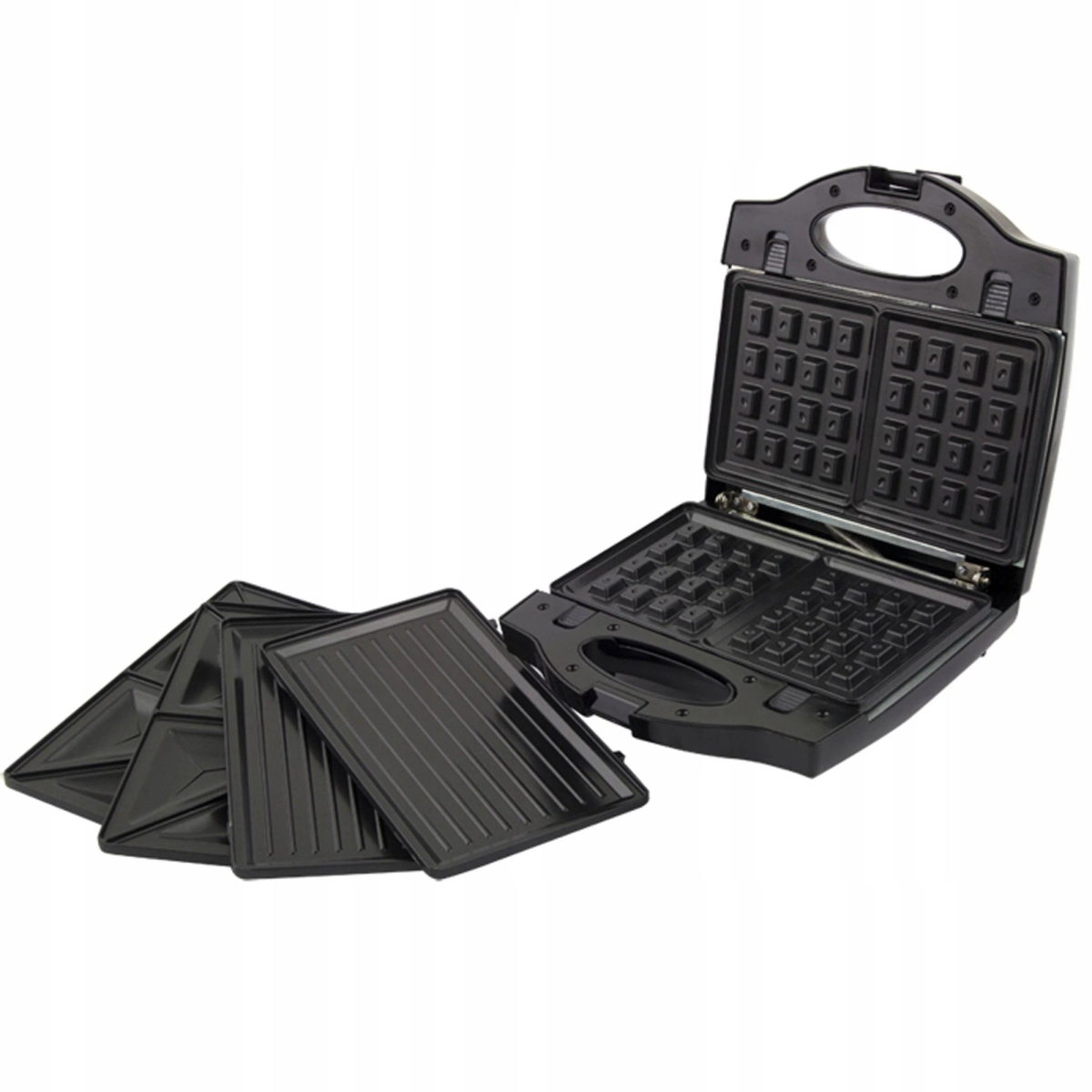 Czarny gofrownica z wymiennymi płytami i białym tłem.