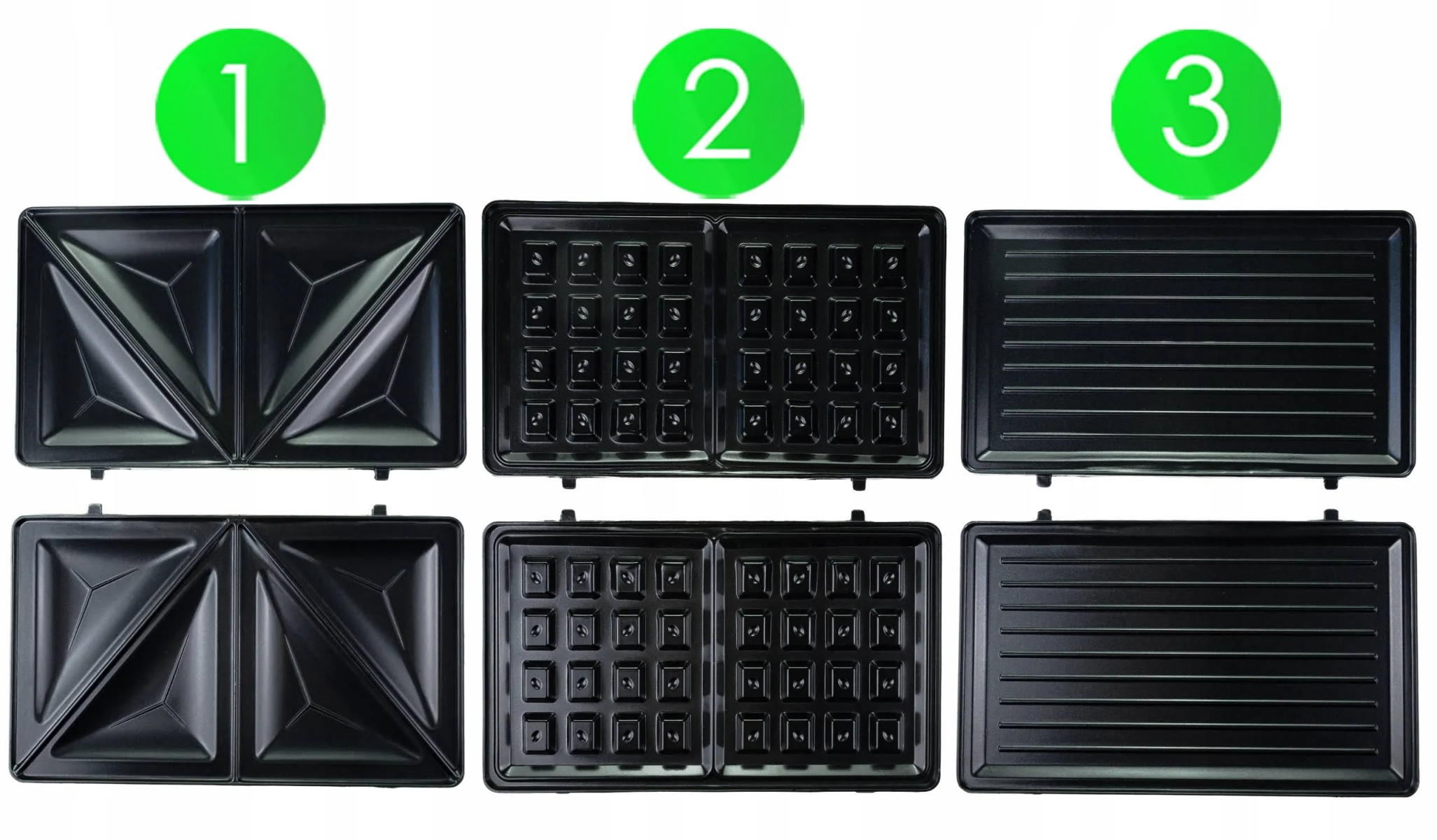 Trzy różne płyty do tostera, oznaczone 1, 2 i 3. Czarno-białe tło.