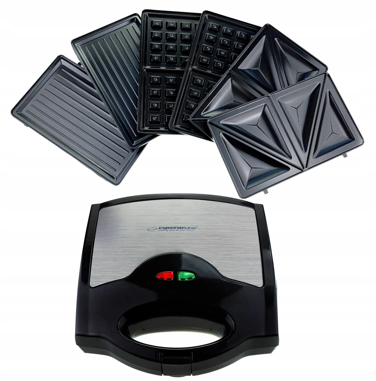 Czarno-srebrne gofrownica z wymiennymi płytami.