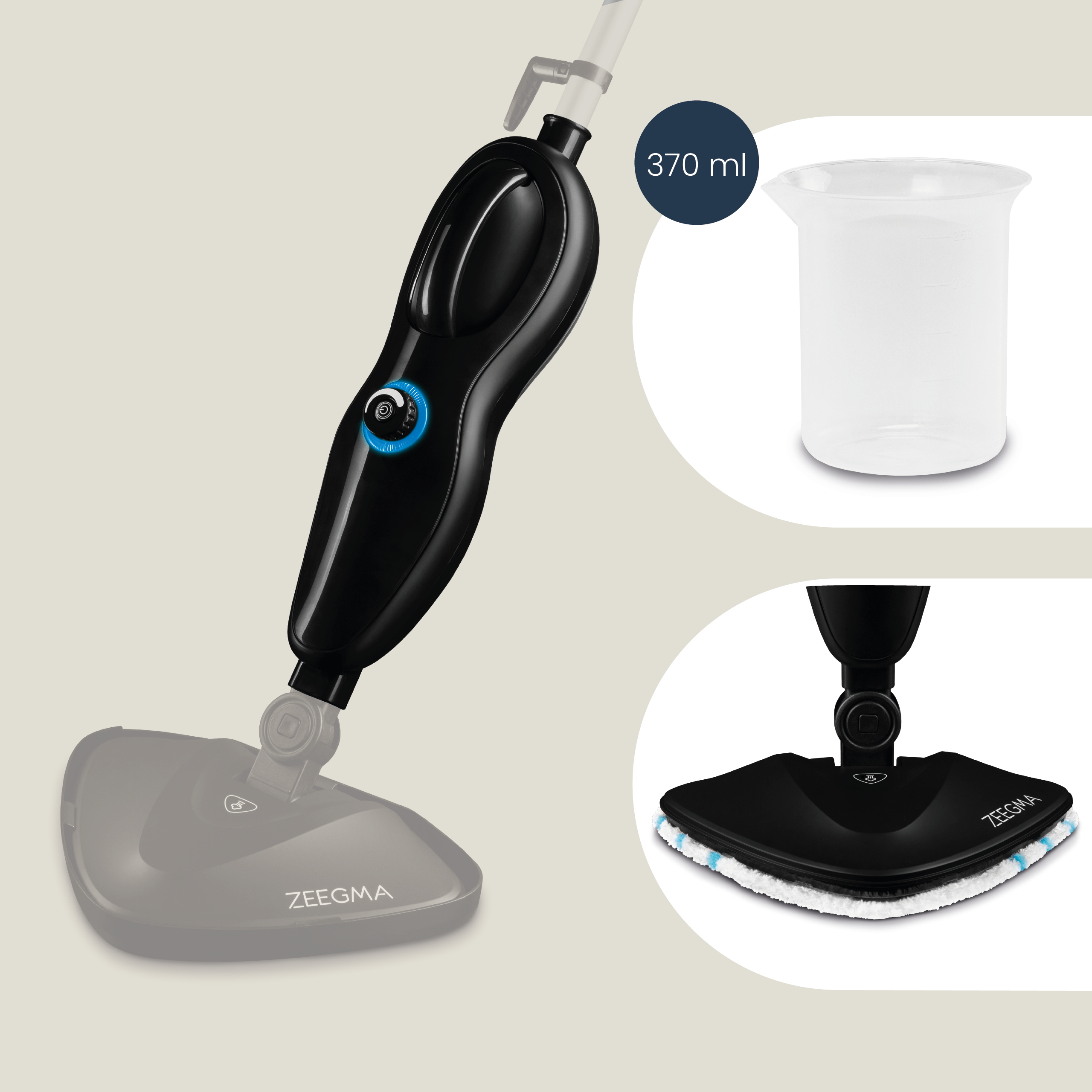 Czarny mop parowy z akcesoriami i białym pojemnikiem. Białe tło.