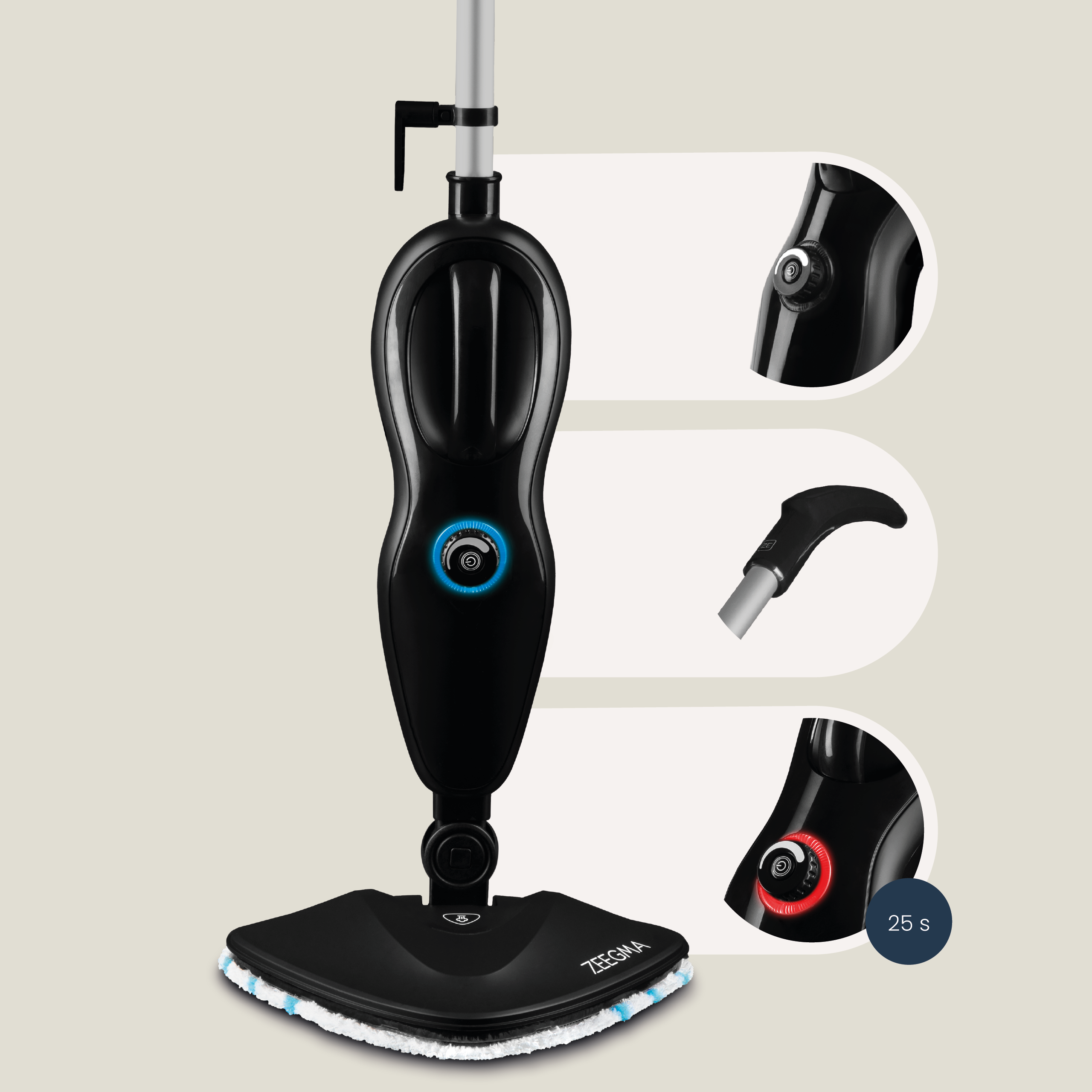 Czarny mop parowy ze szczegółami przycisków i dyszy parowej.