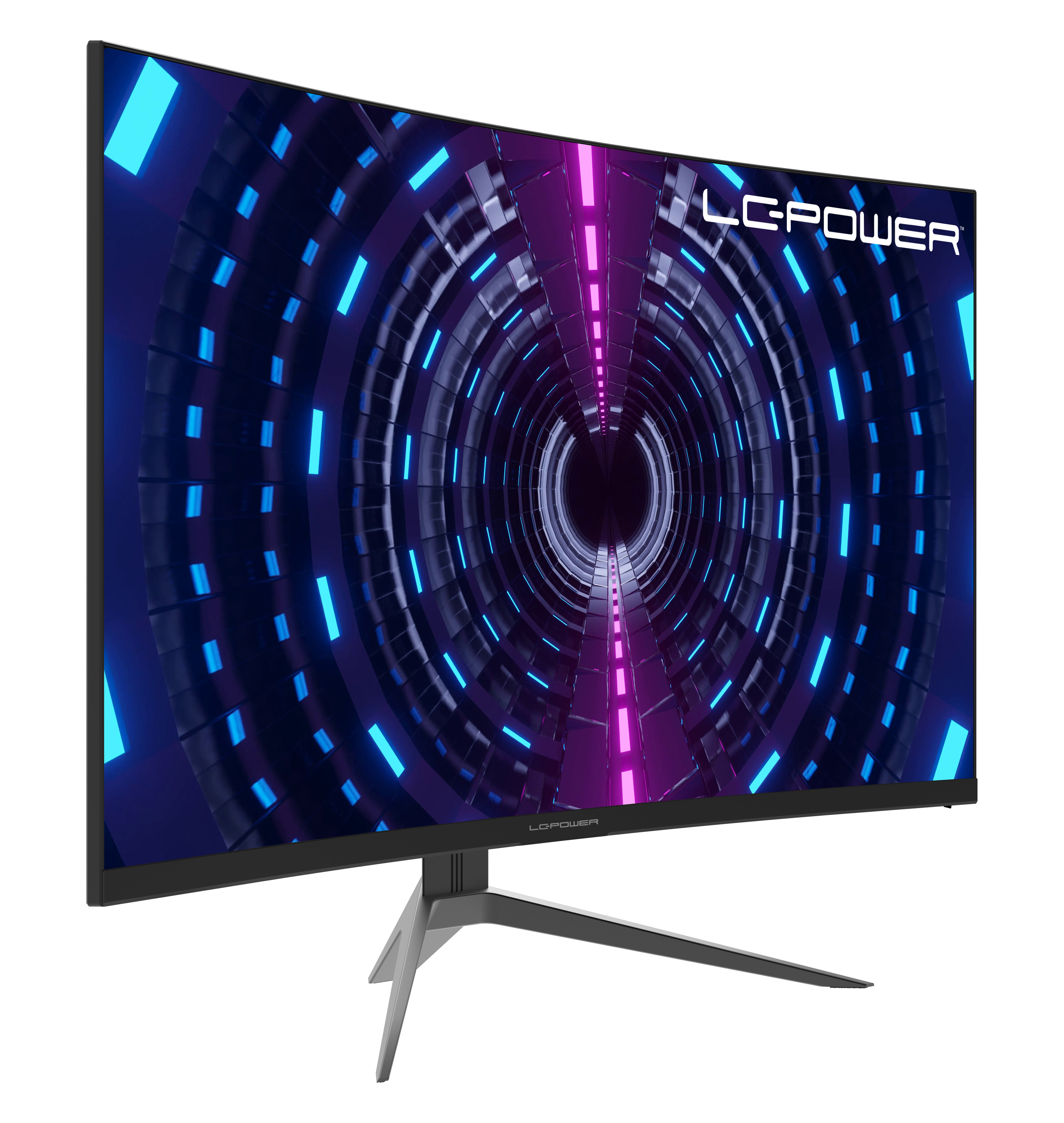 Zakrzywiony monitor LC-Power, czarna ramka, srebrna podstawa, pokazujący tło tunelu technologicznego.
