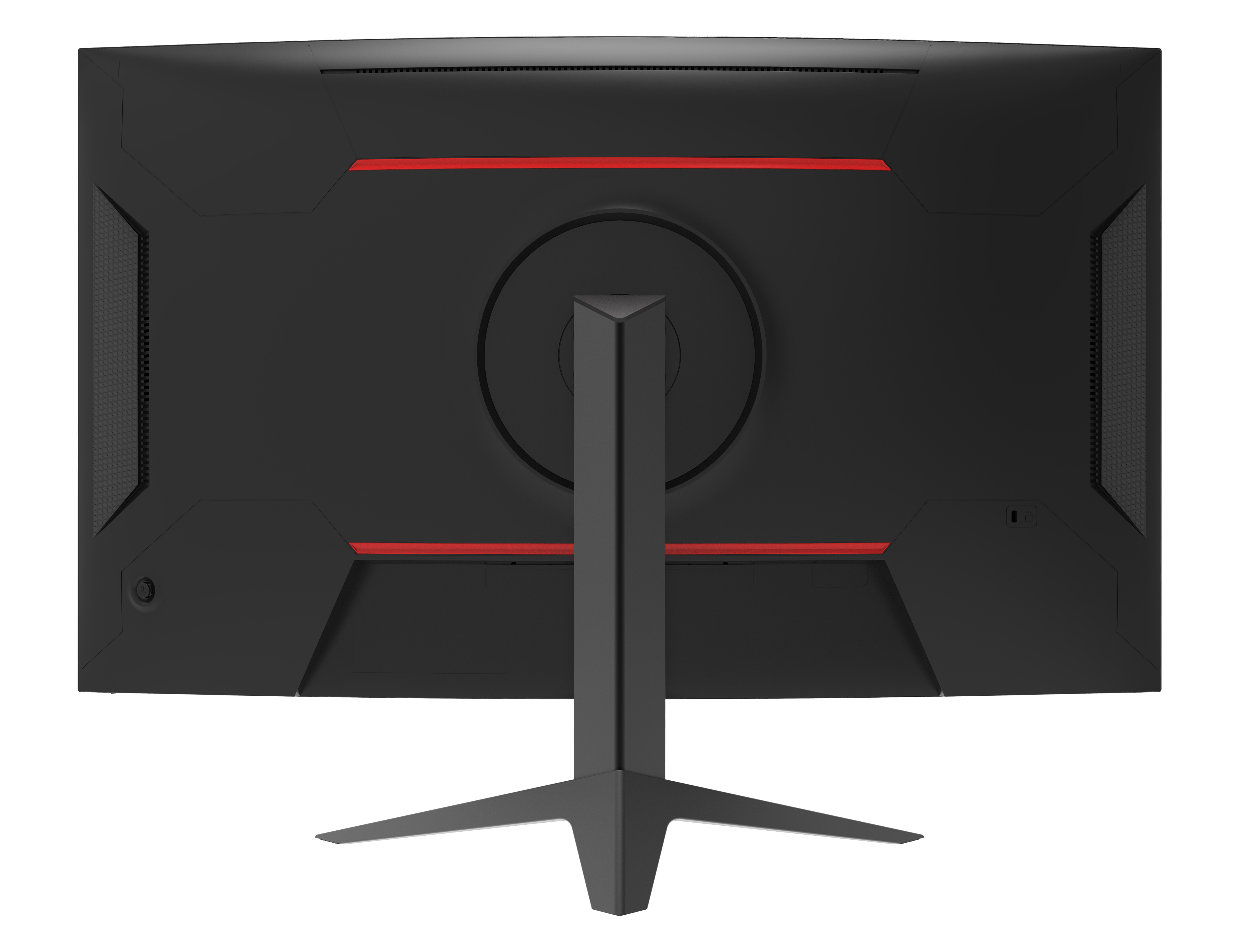 Tył czarnego monitora z czerwonymi akcentami i podstawą.