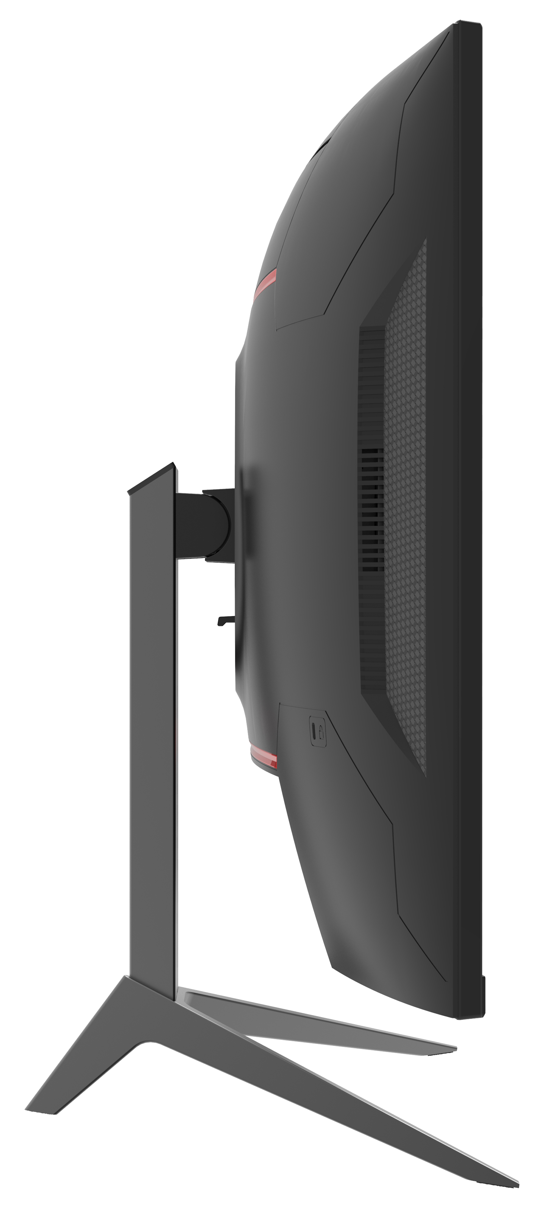 Czarny monitor komputerowy, widok z boku. Monitor ma czerwony akcent i podstawkę.