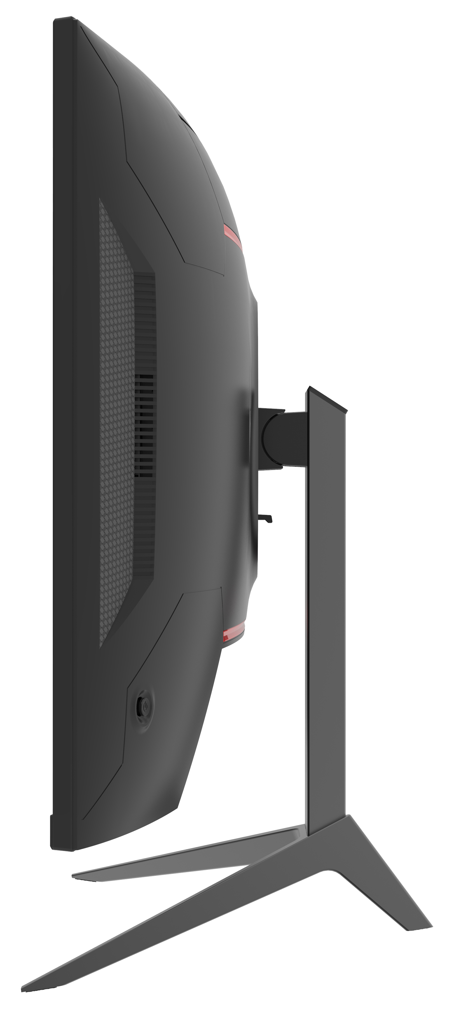 Czarny monitor na białym tle. Monitor ma podstawkę i czerwony akcent z tyłu.