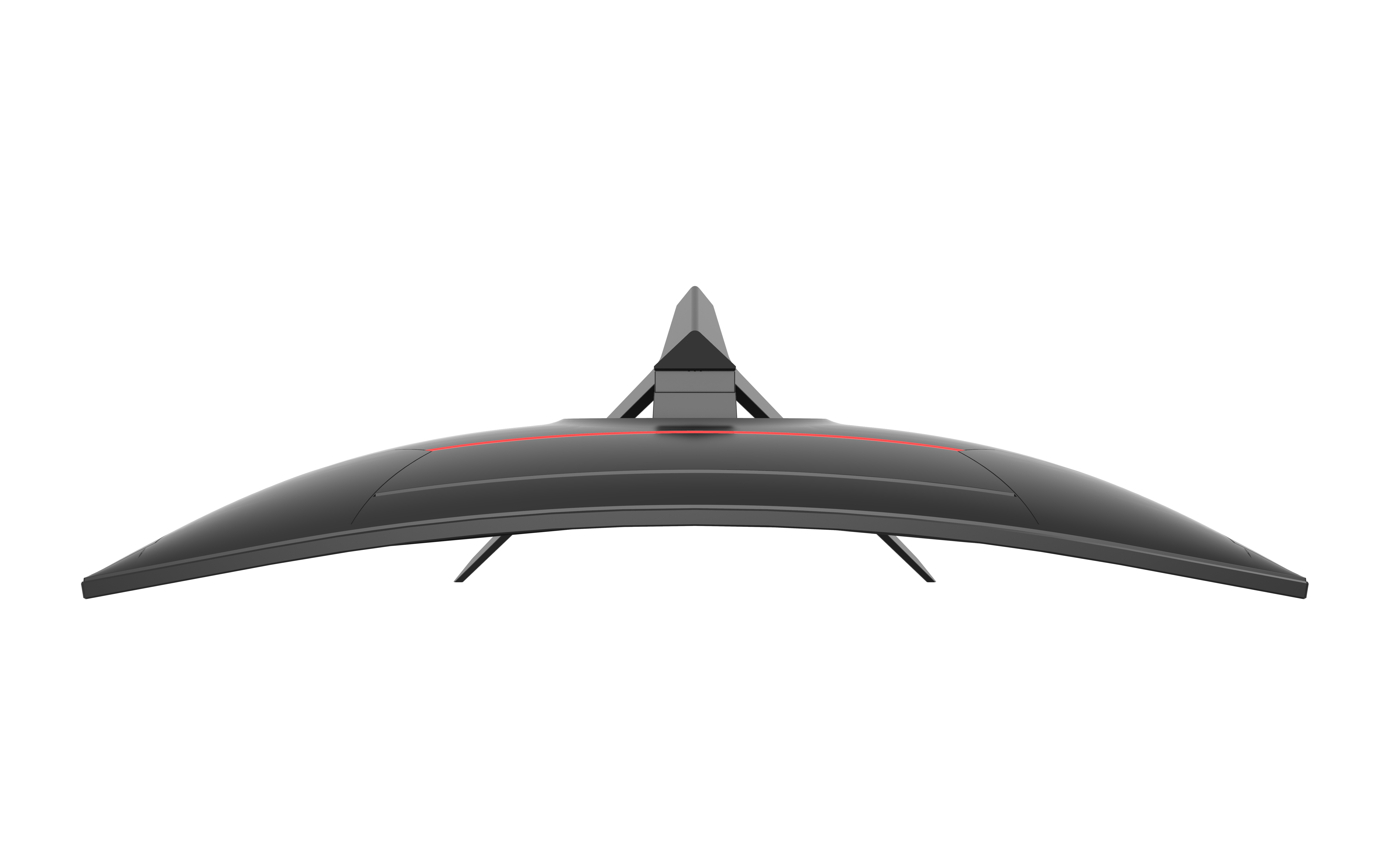 Zakrzywiony czarny monitor komputerowy, widok z góry, z czerwonym paskiem świetlnym.