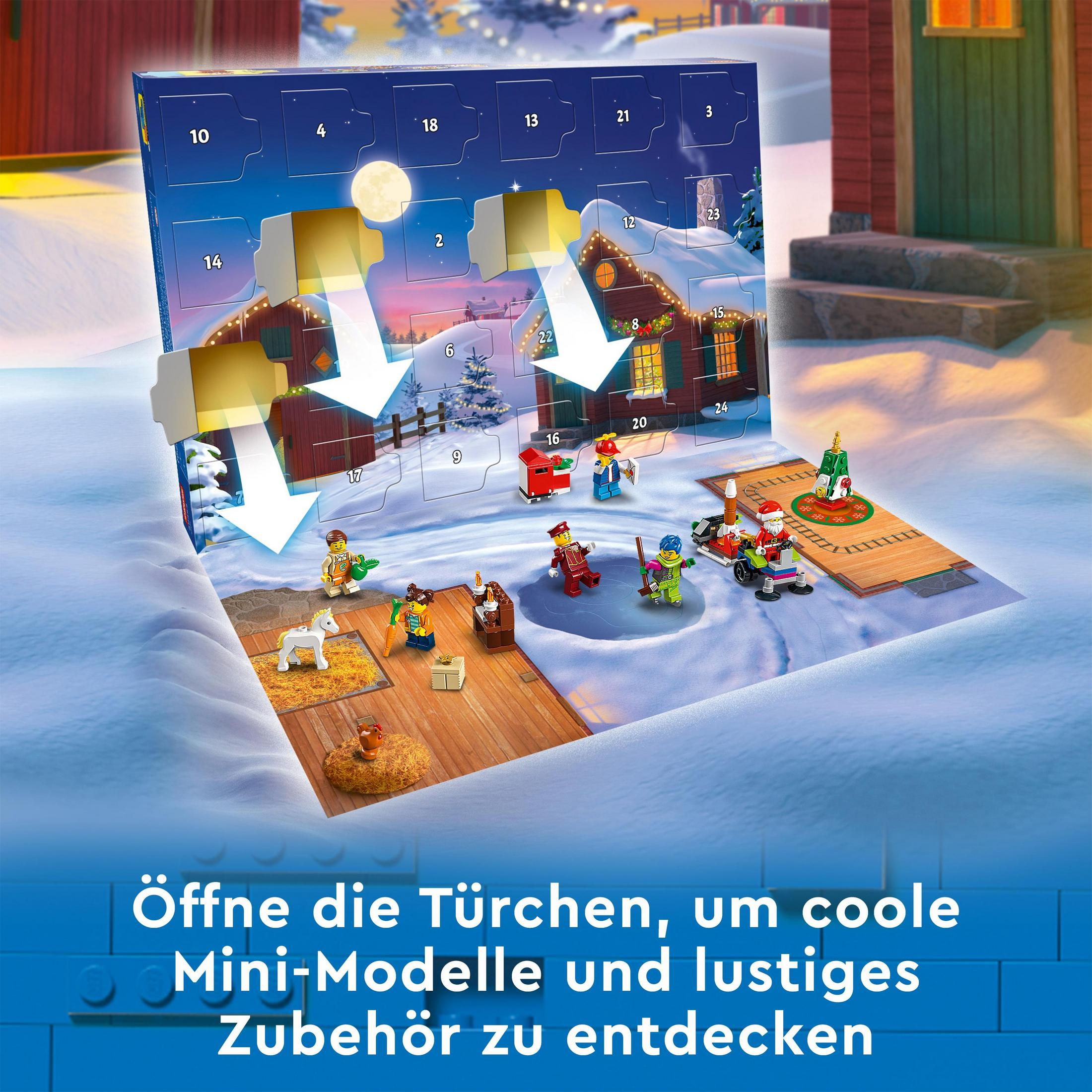 Ein Adventskalender mit geöffneten Türen, die Mini-Modelle und Zubehör zeigen.