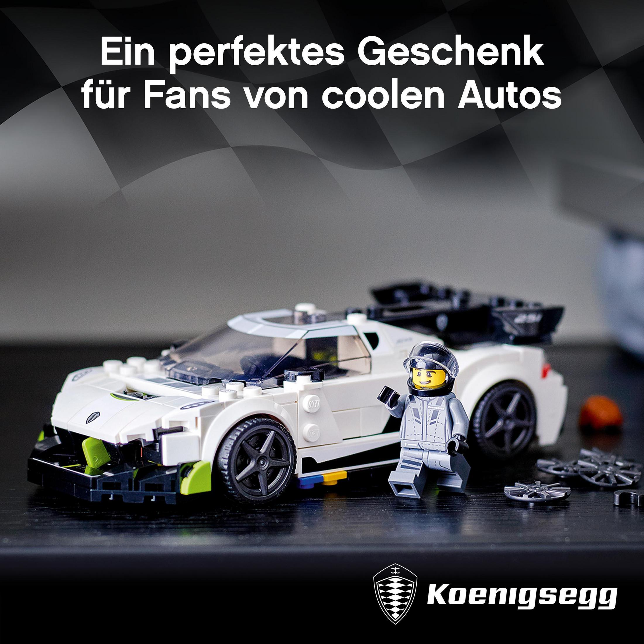 Lego-Automodell mit Lego-Figur. Der Text lautet: 'Ein perfektes Geschenk für Fans cooler Autos'.