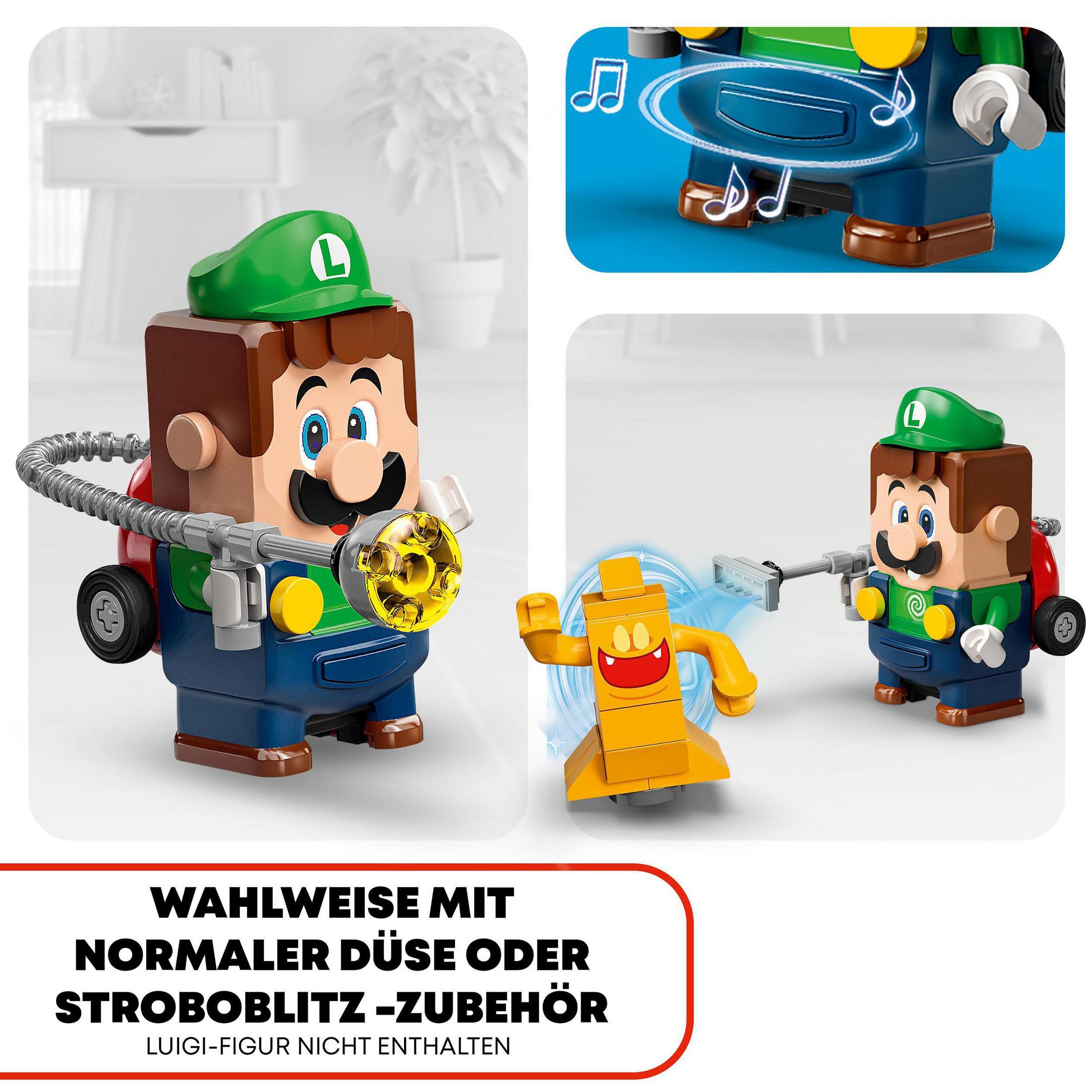 Lego Luigi Figur mit Zubehör und einem Textfeld auf Deutsch.