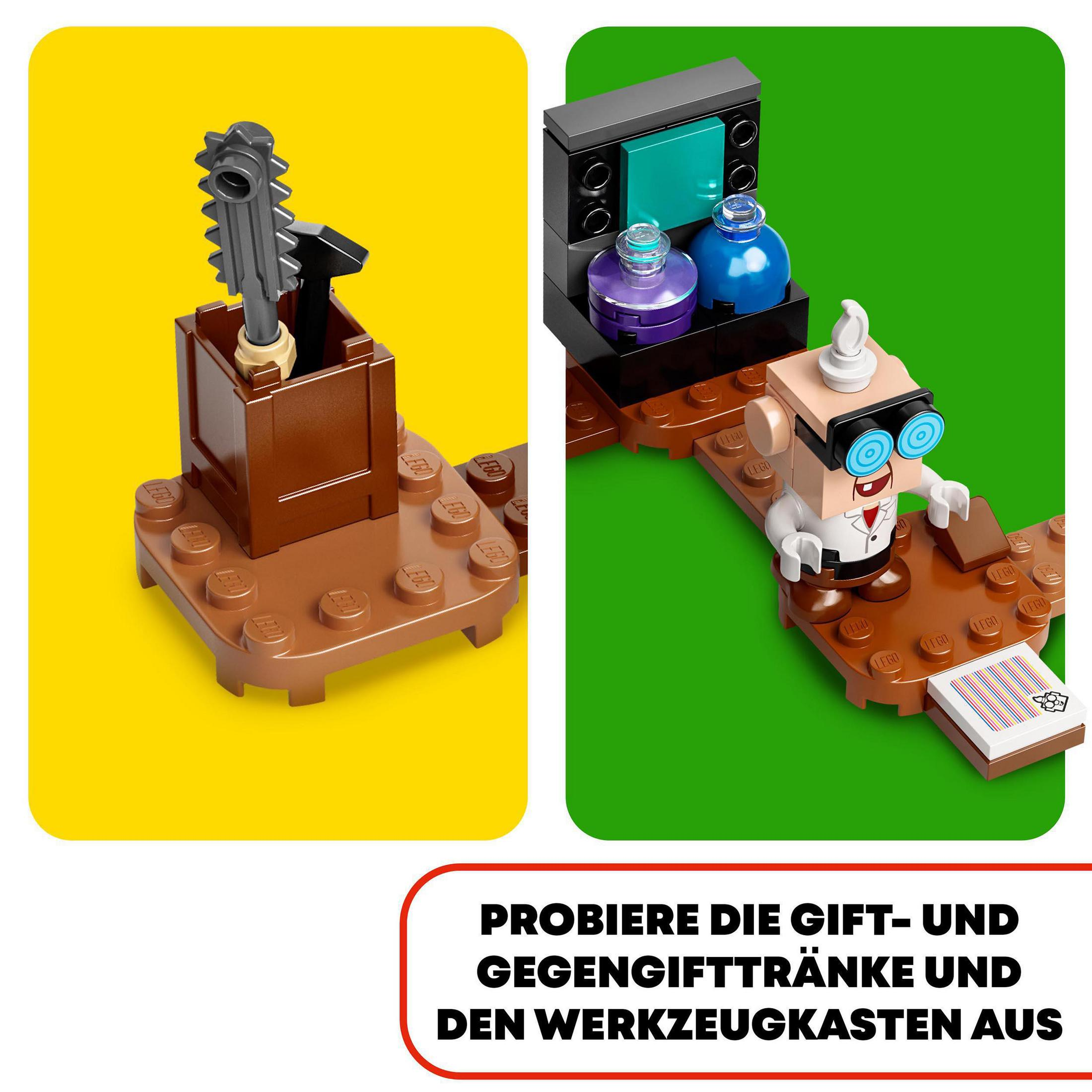 Lego-Set, braune Kiste mit Säge und ein verrückter Wissenschaftler mit Flaschen.