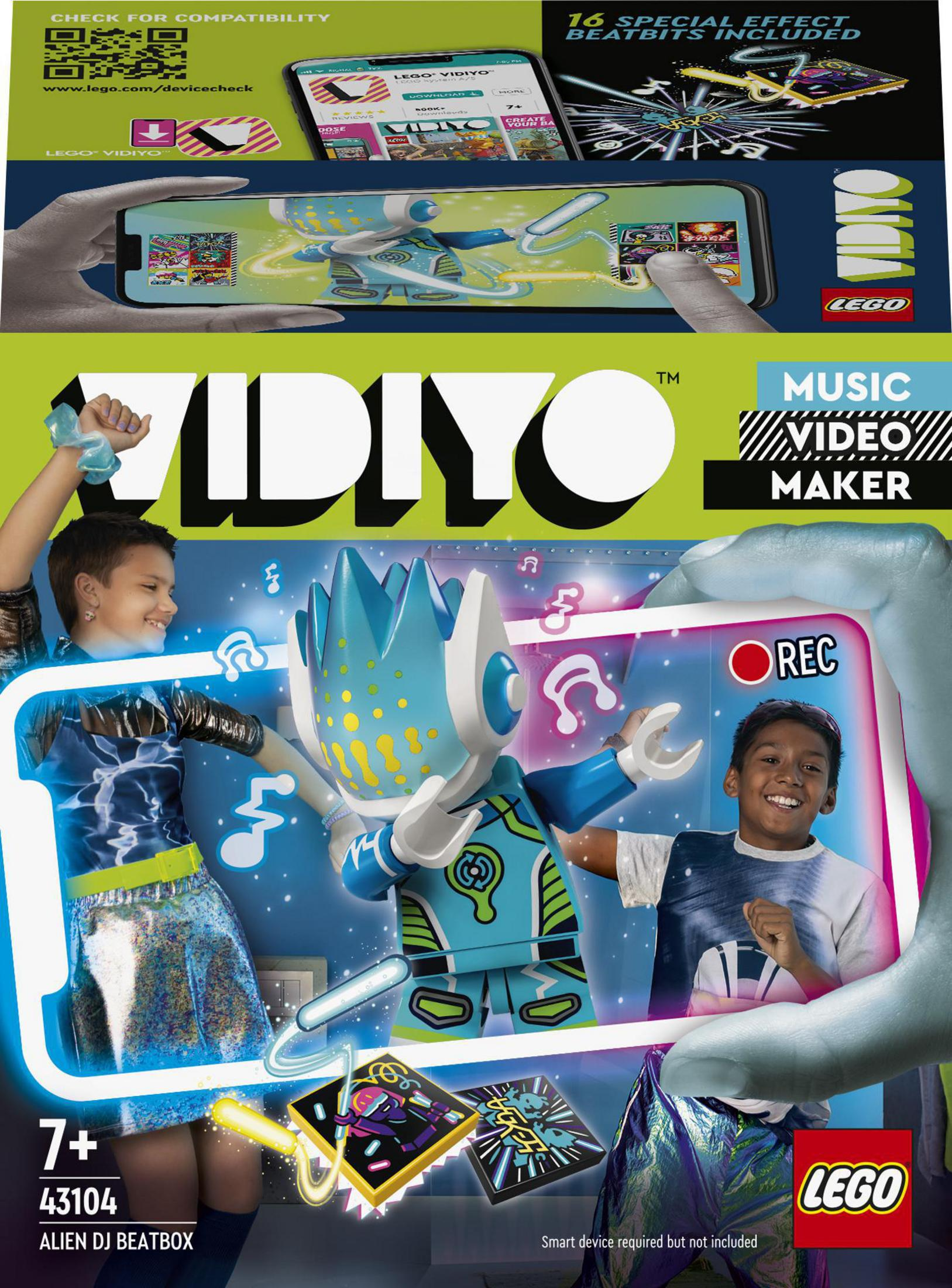 LEGO VIDIYO Box mit Kindern, einer Lego-Figur und Telefon auf einem Tisch mit Legosteinen.