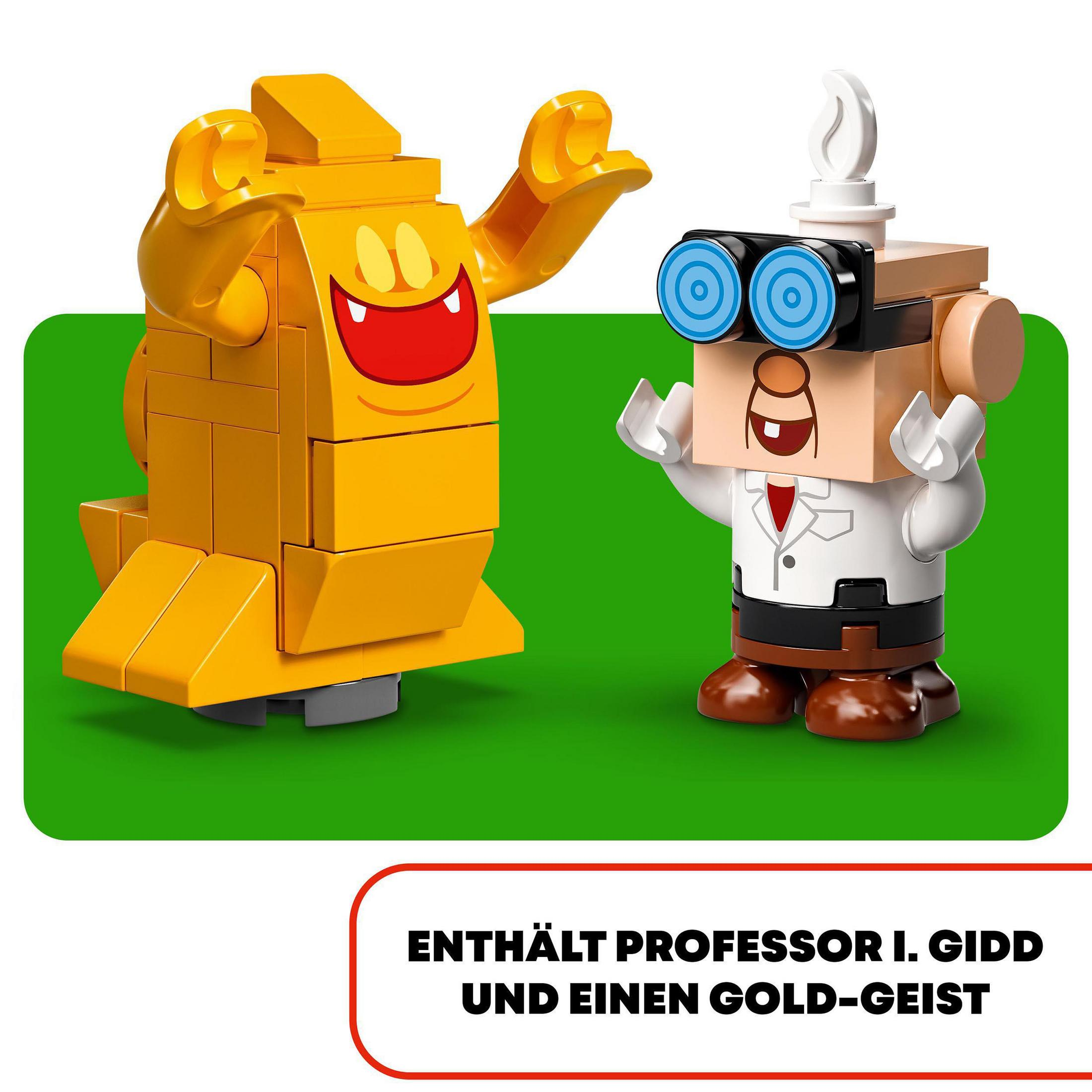 LEGO-Set mit einem gelben Monster und einer Wissenschaftlerfigur.
