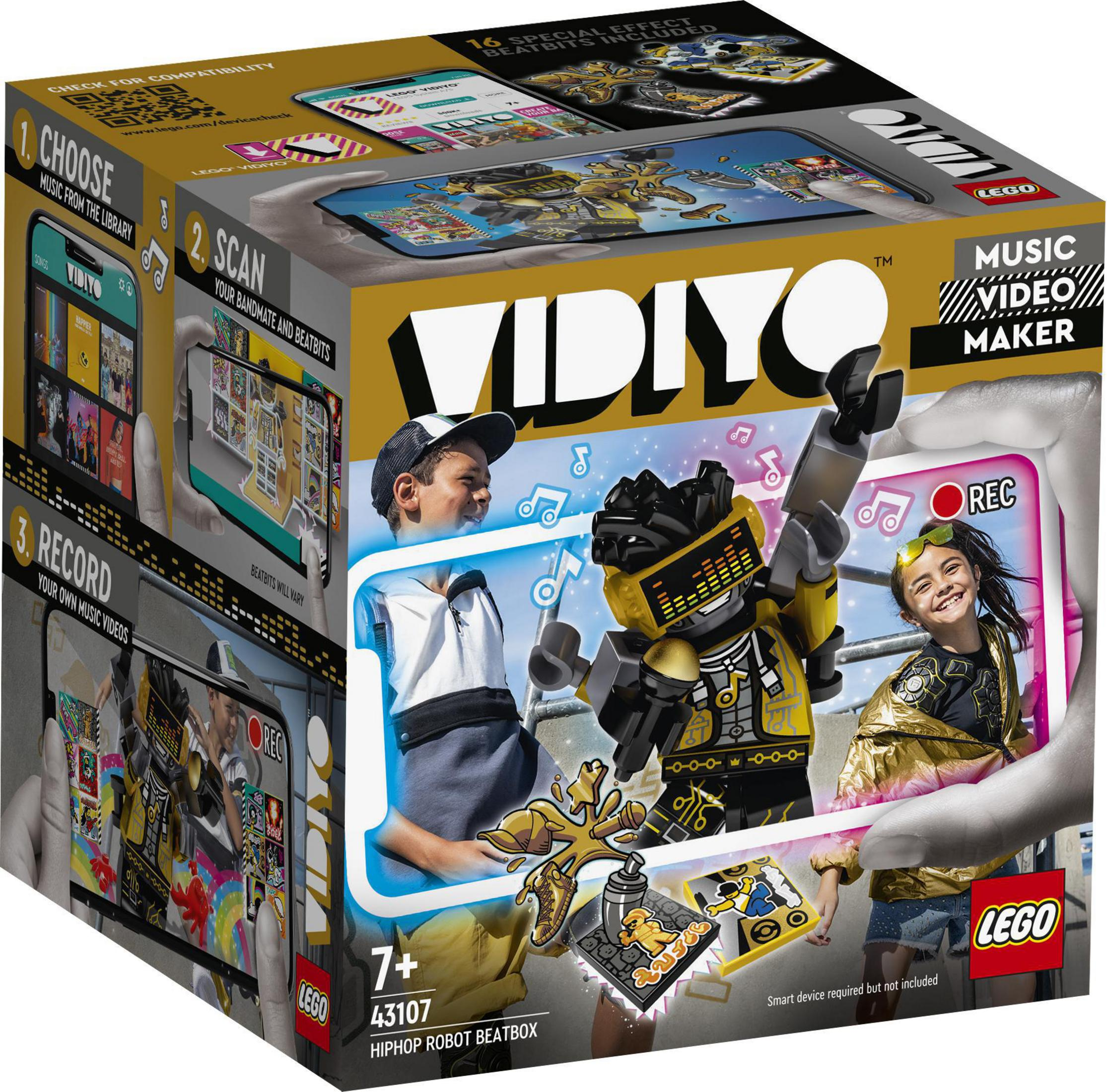 Lego-Box mit zwei Kindern und einem Lego-Roboter. Text: VIDIYO. 3 Schritte gezeigt.