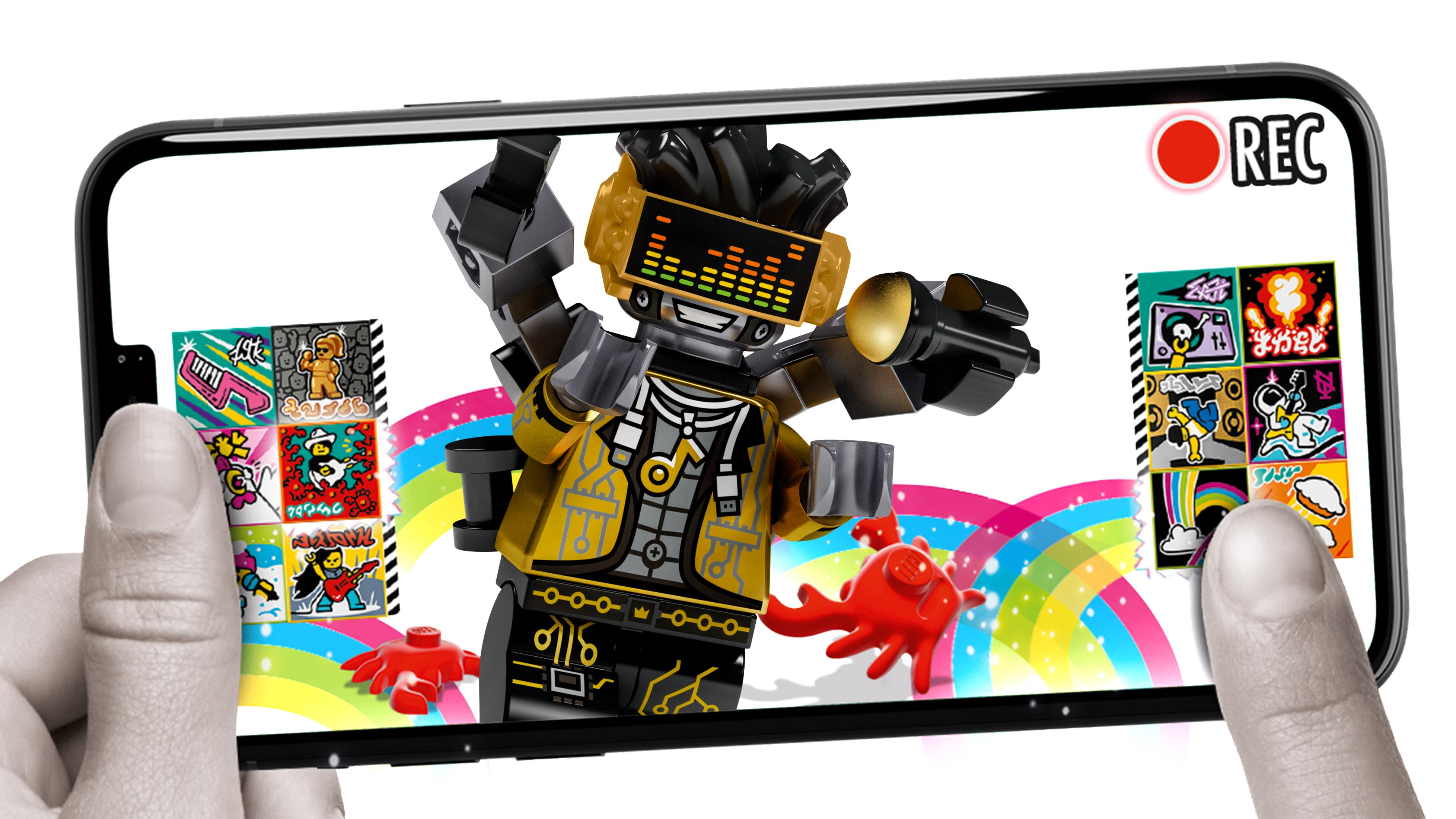 Ein Telefonbildschirm, der eine LEGO-Figur zeigt, die ein Video aufnimmt.