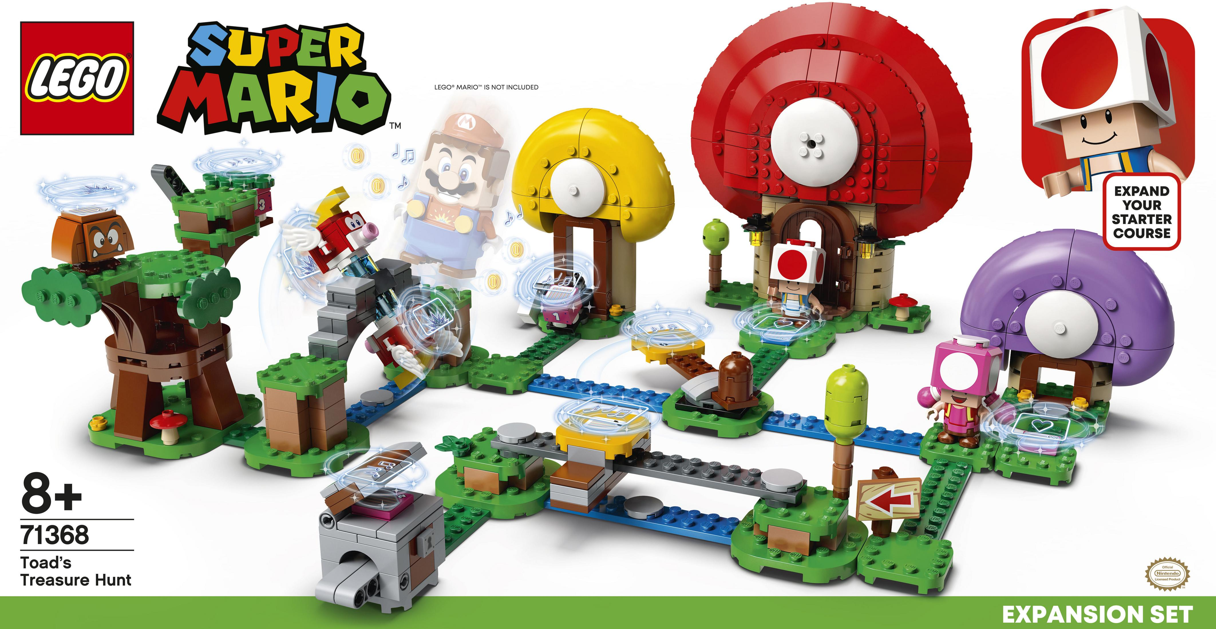 Zestaw Lego z motywem Super Mario. Zawiera figurkę Mario, grzyby i inne klocki.