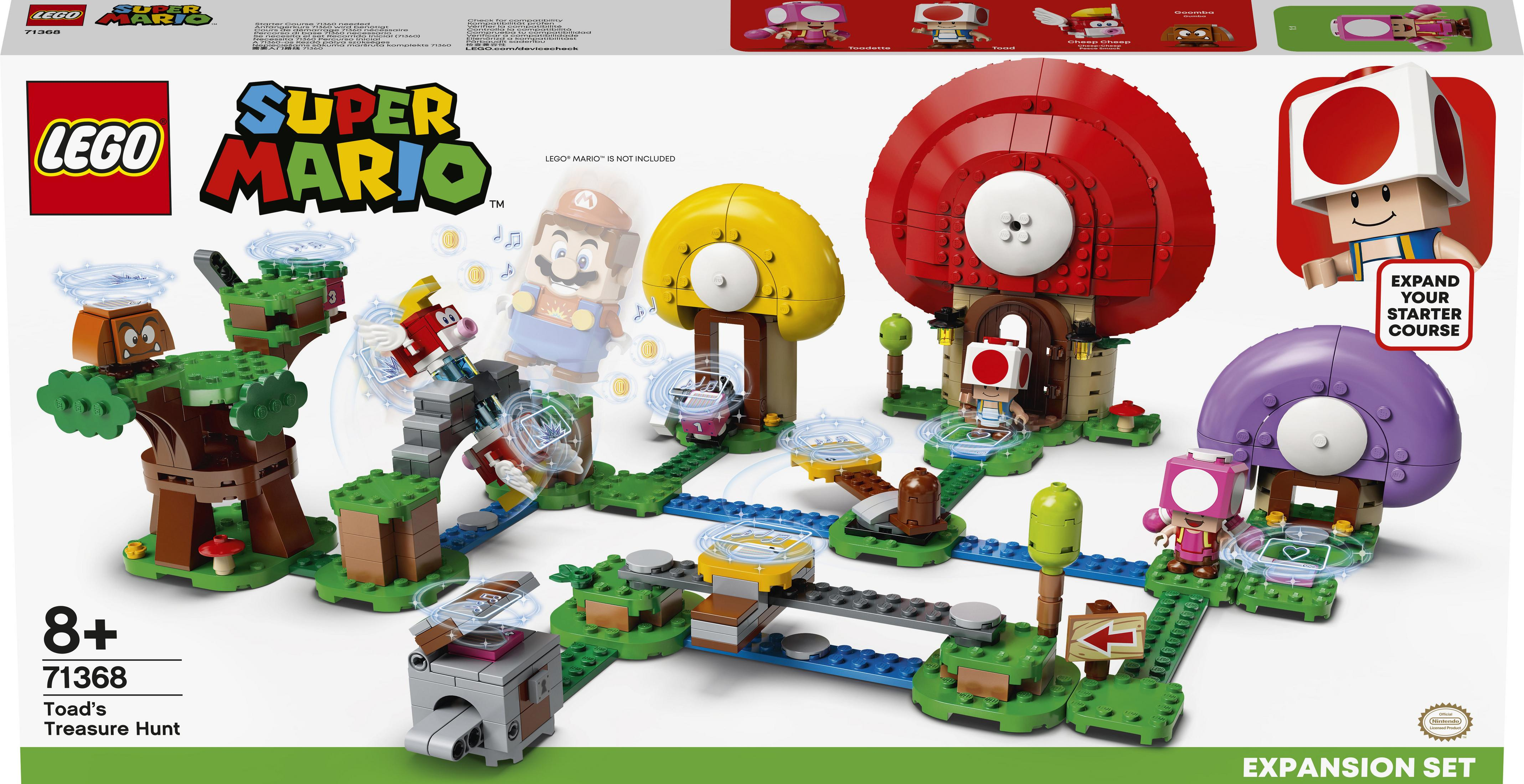 Zestaw LEGO Super Mario. Pokazuje poziom z postaciami, klockami i opcjami rozszerzeń do gry.