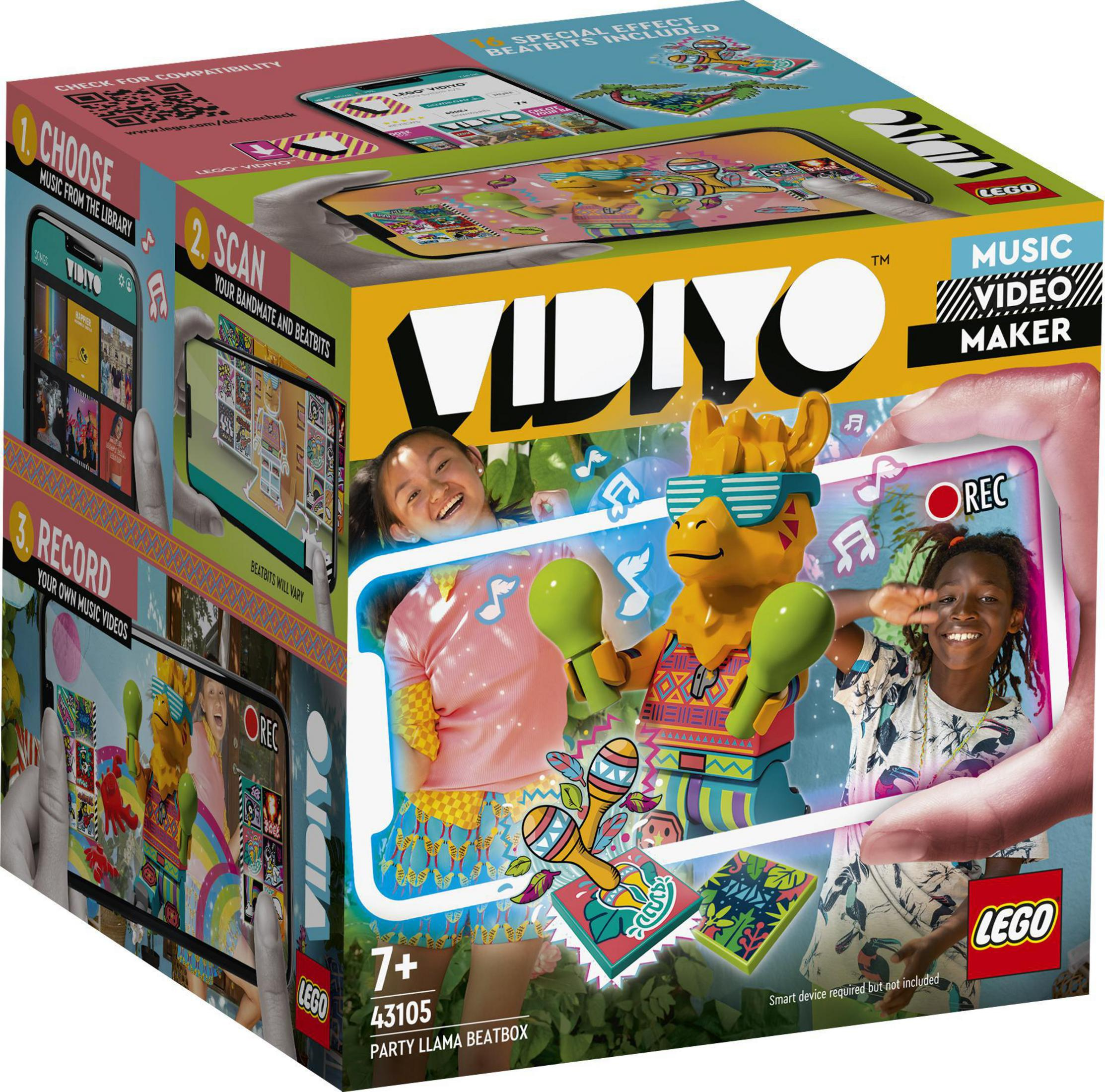 Lego Vidiyo Box mit Personen und Figuren. Buntes Design. Weißer Hintergrund.