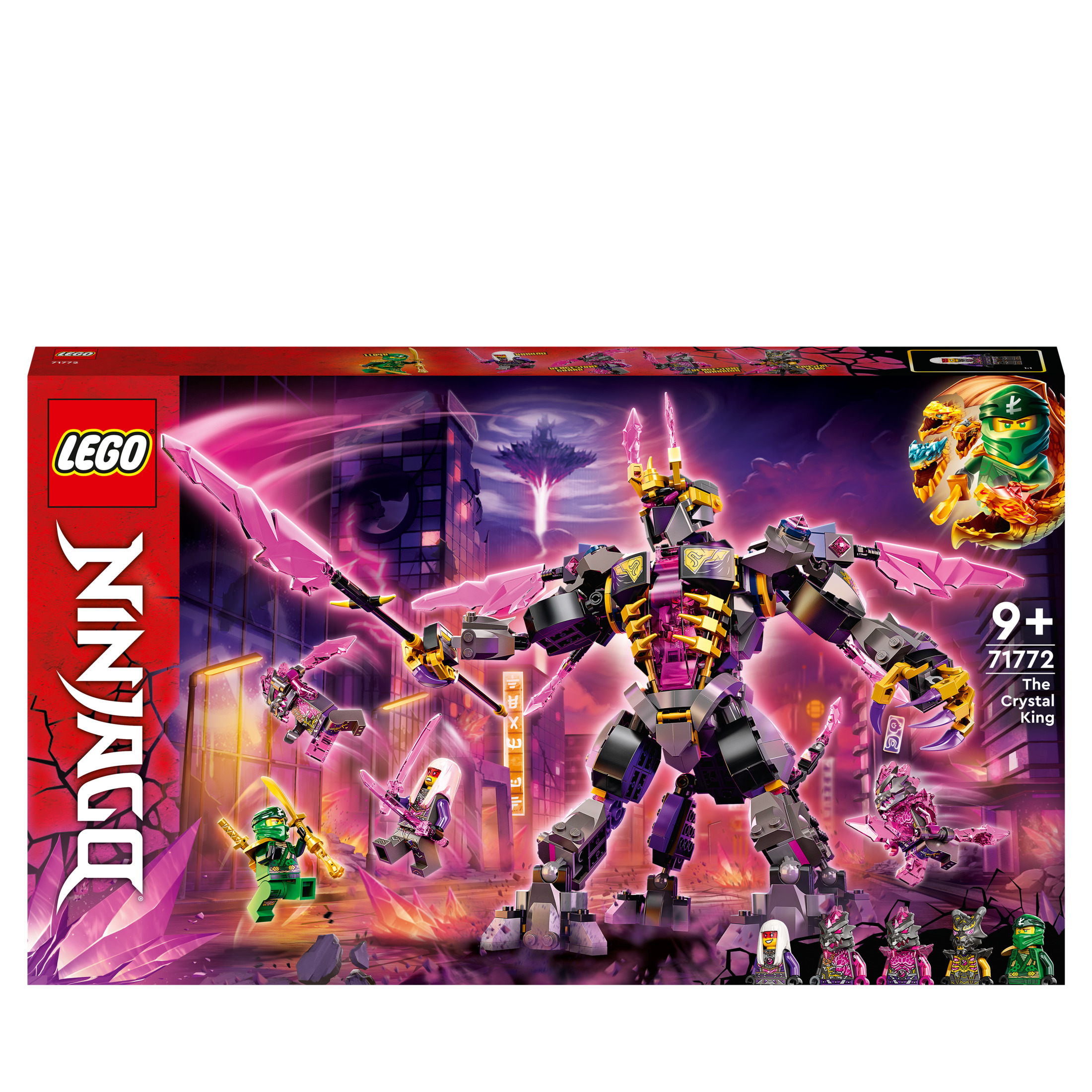 Scatola del set Lego Ninjago Crystal King. Personaggi e costruzione. Sfondo bianco.