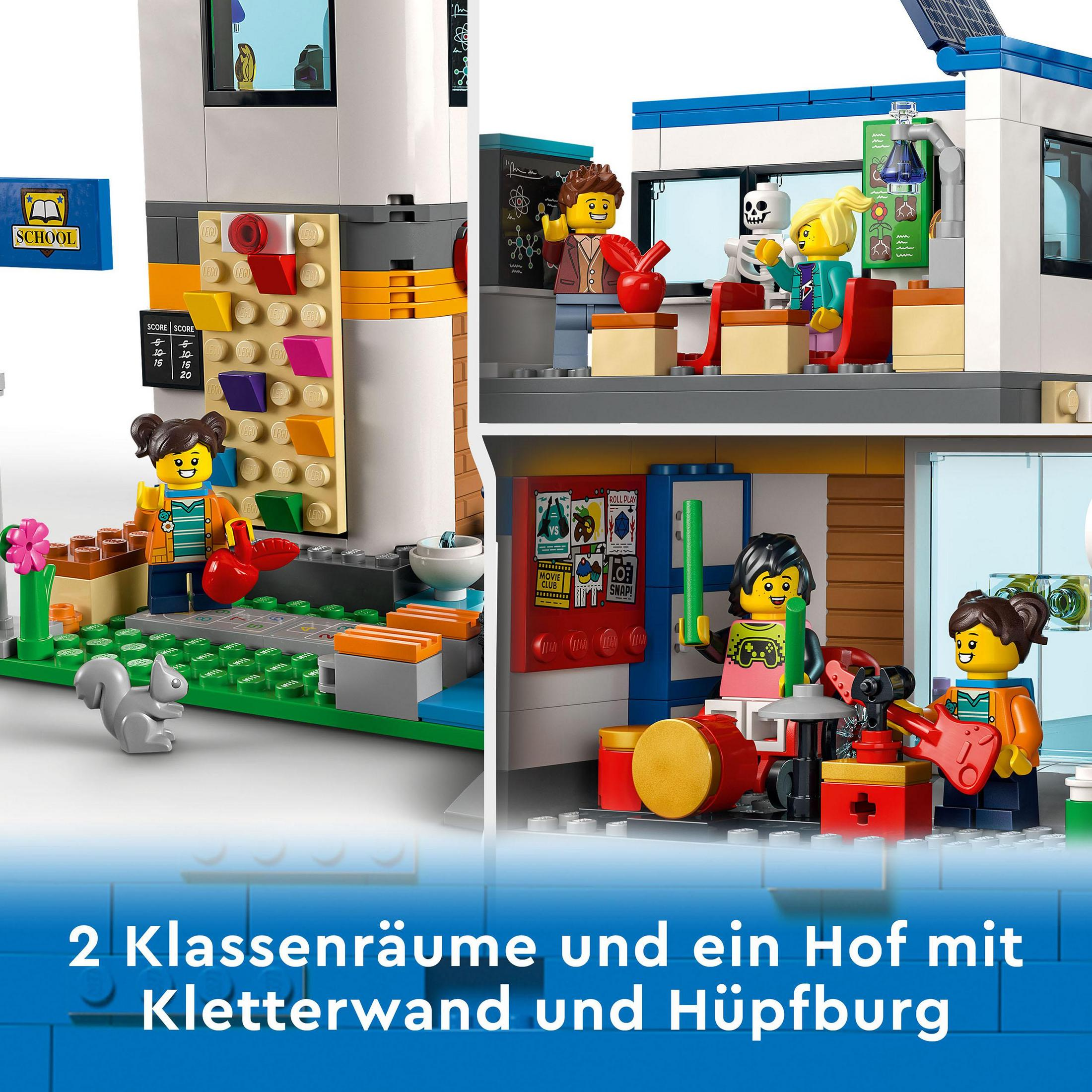 Lego set with school building, playground, and figures. People are playing musical instruments and climbing a wall.
