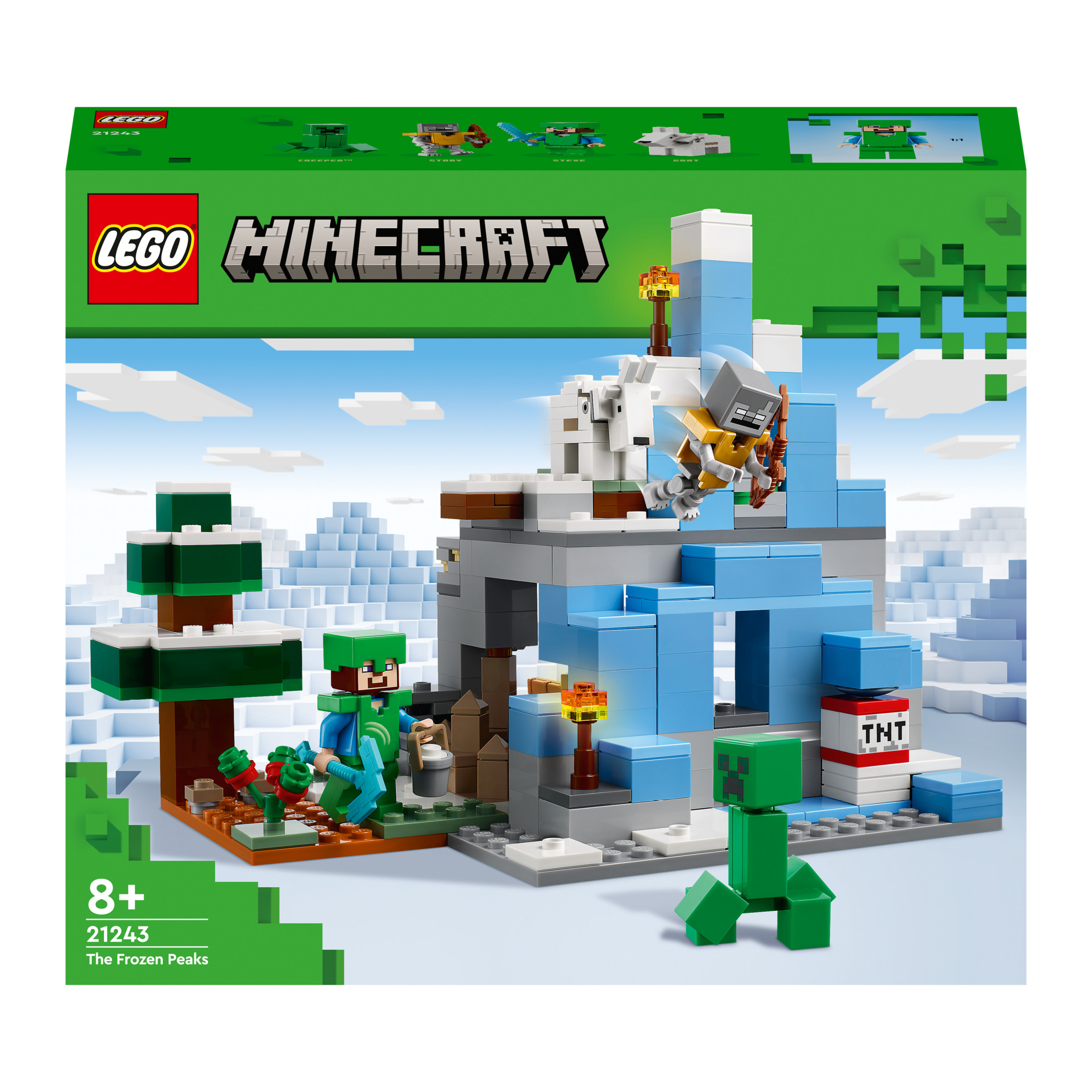 Lego Minecraft Set. Eine schneebedeckte Berglandschaft mit Creeper, Skelett und Spielercharakter.