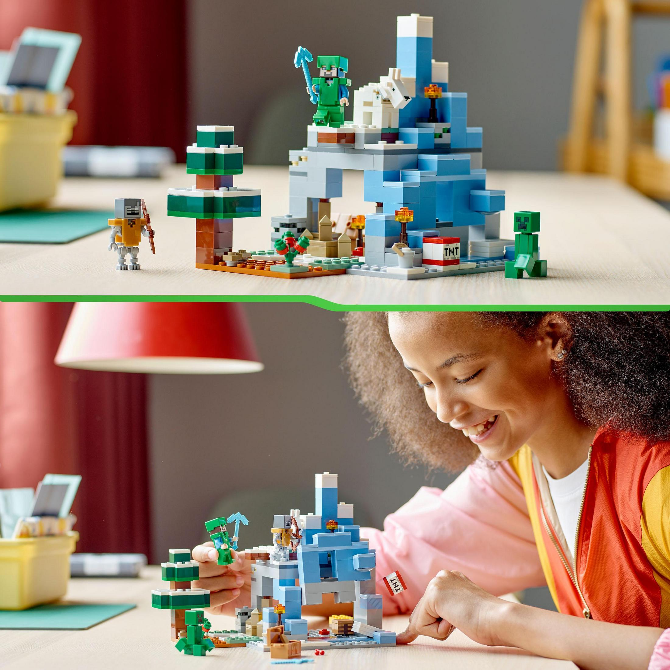 Zwei Bilder eines Lego-Sets. Eines zeigt das zusammengebaute Set, das andere ein Mädchen, das es baut.