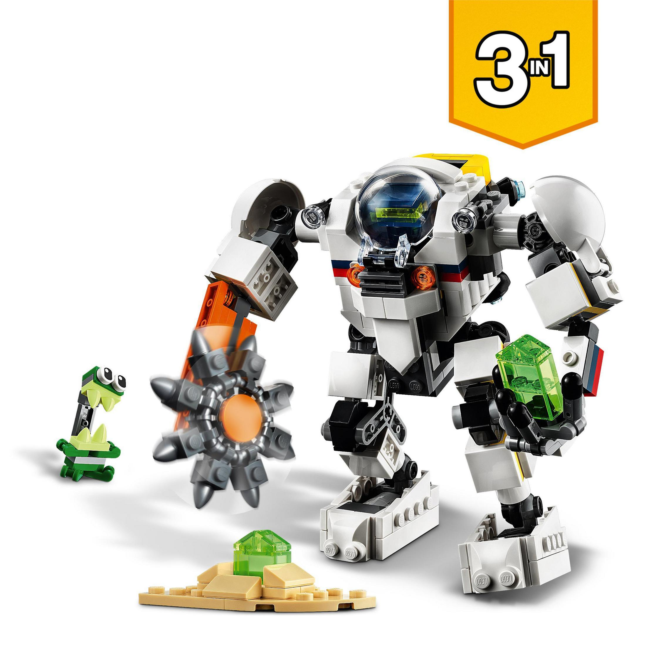 Lego-Roboter mit grünem Wesen und Zahnrad. 3-in-1-Set gezeigt.