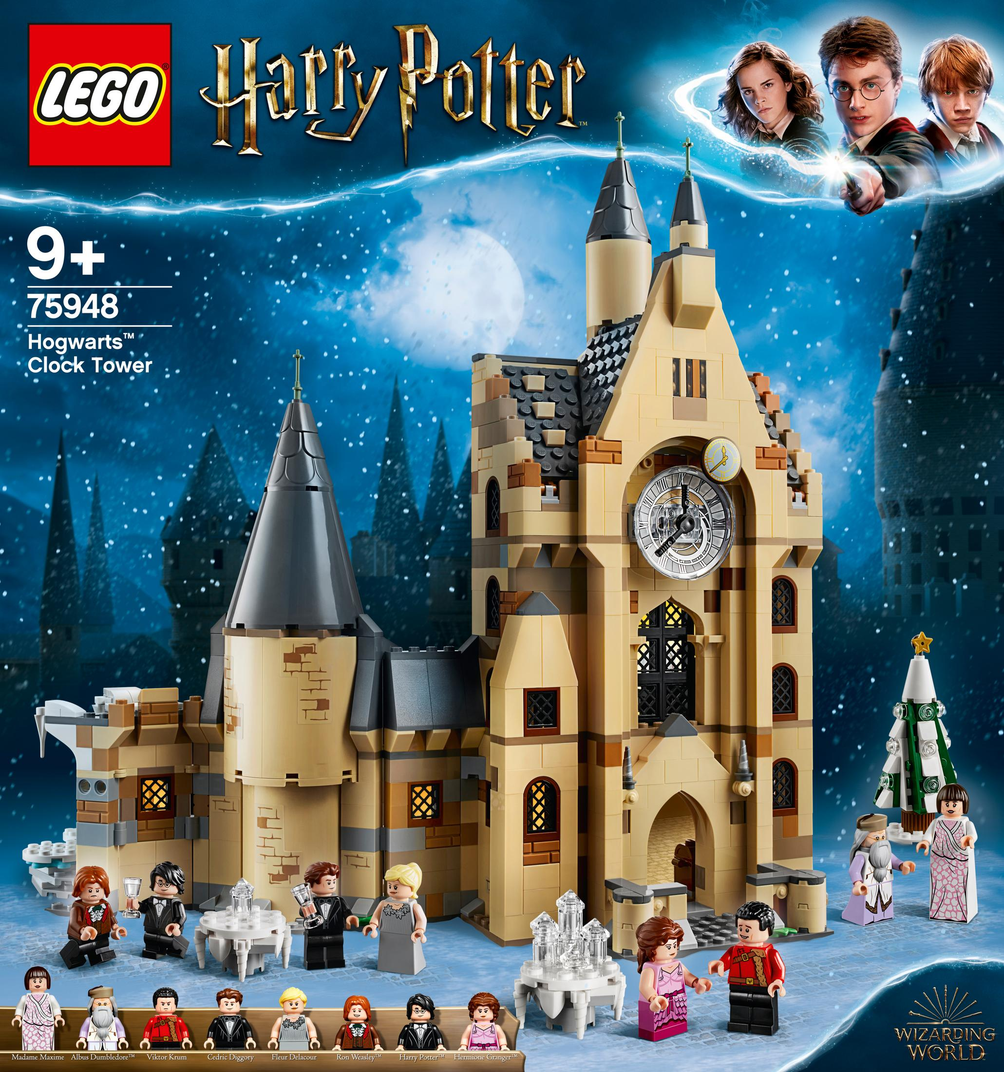 Lego-Set des Hogwarts-Uhrturms mit Figuren und verschneitem Hintergrund.