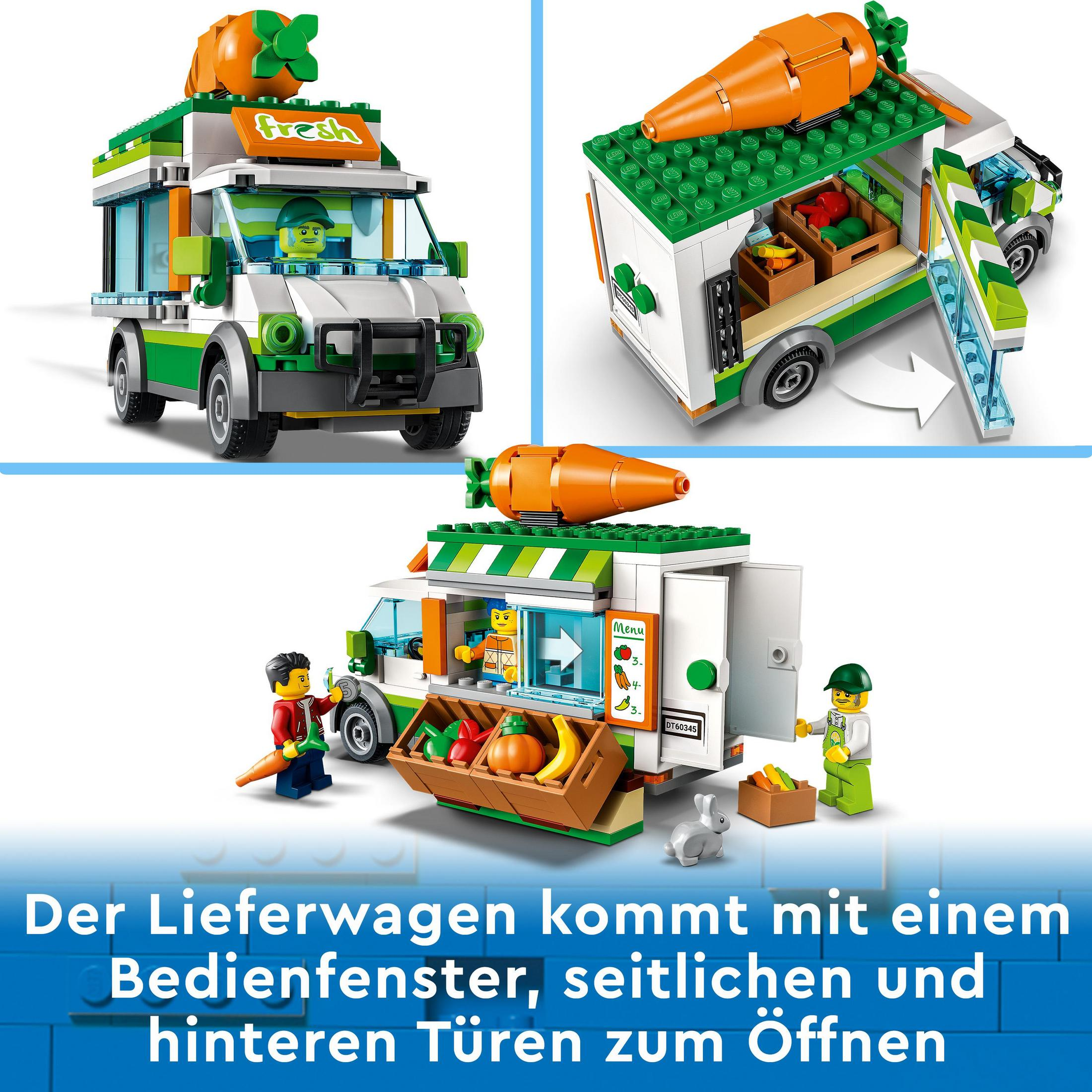 Zabawkowy wóz z warzywami Lego z sprzedawcą i świeżymi produktami, trzy widoki.