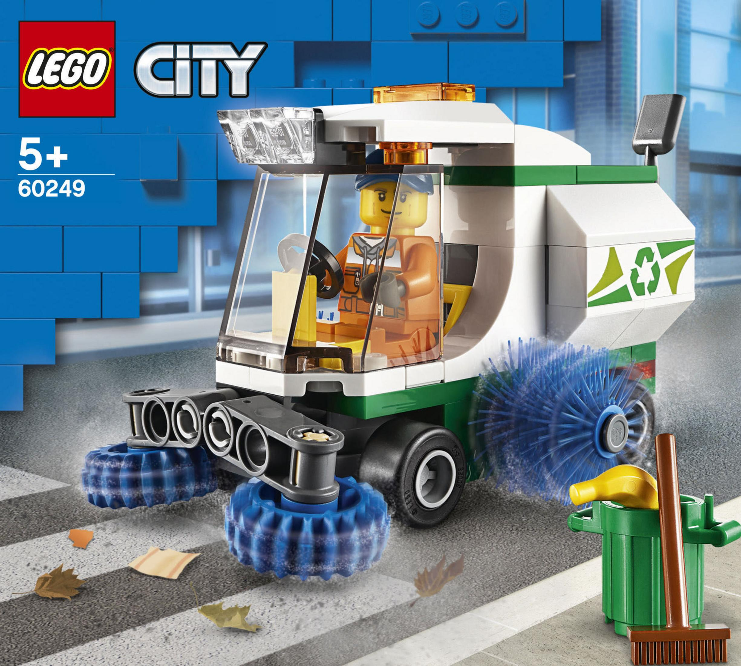 Lego City Straßenkehrer-Spielzeug mit Minifigur-Fahrer und Straßenelementen.