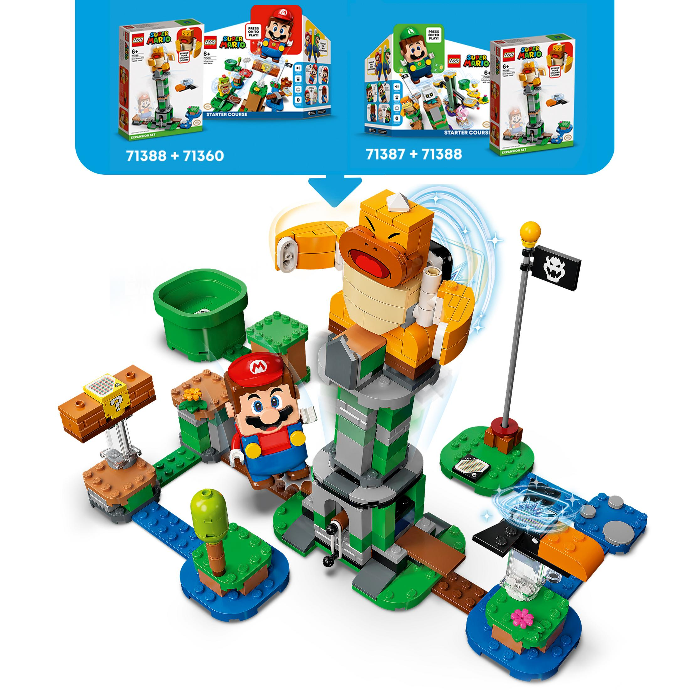 LEGO Super Mario set met Mario figuur, Bowser en diverse spelelementen op witte achtergrond.