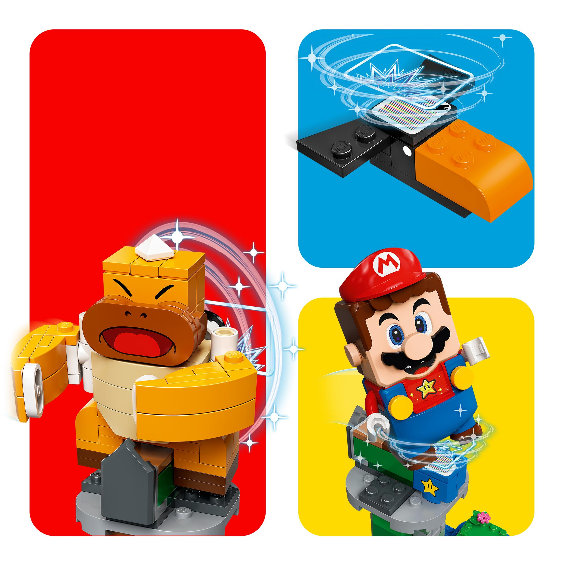 Lego set met een geel-bruin karakter, een draaiende telefoon en een Mario-figuur.