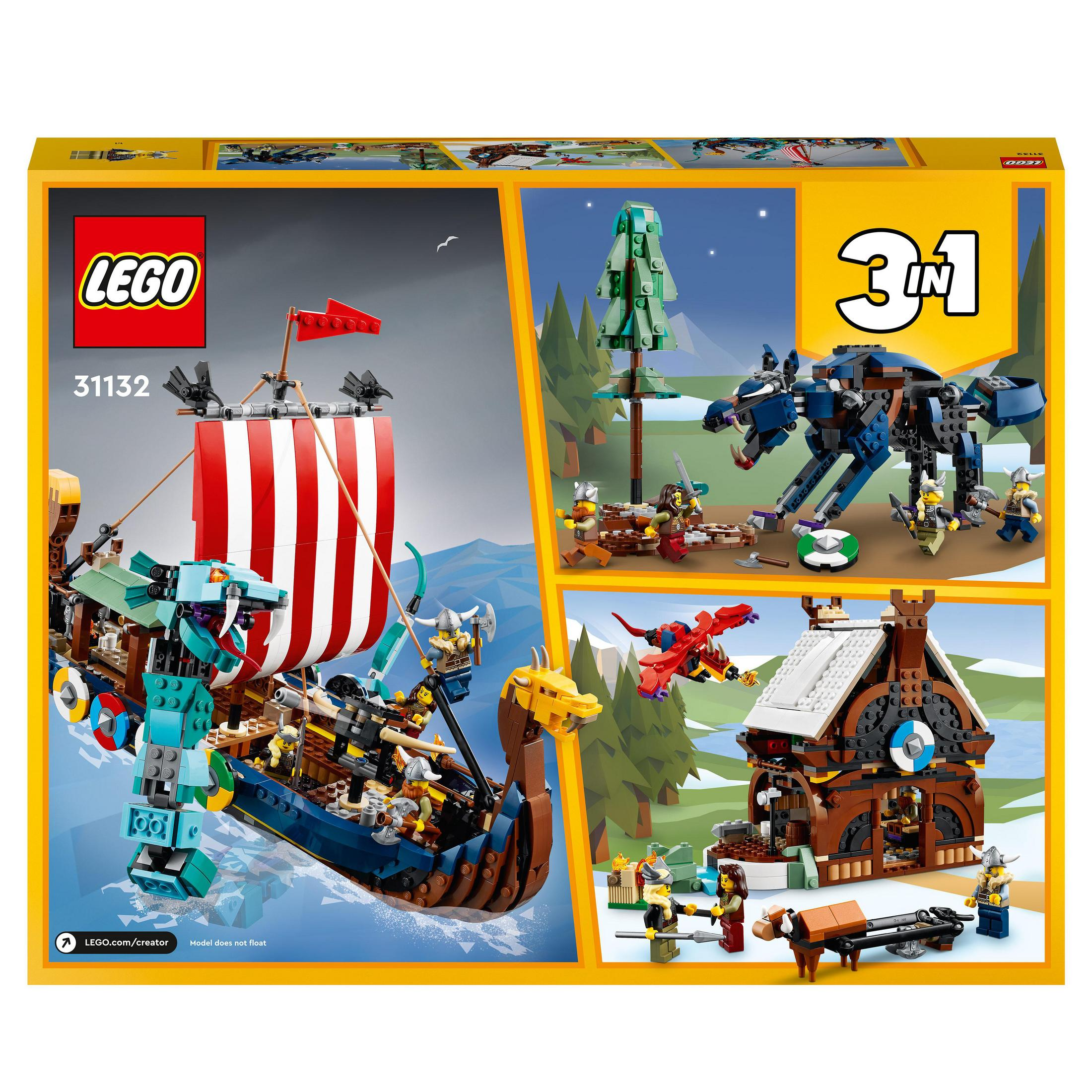 Achterkant van een Lego-doos met Vikingschip en andere Lego-bouwwerken in een gele rand.