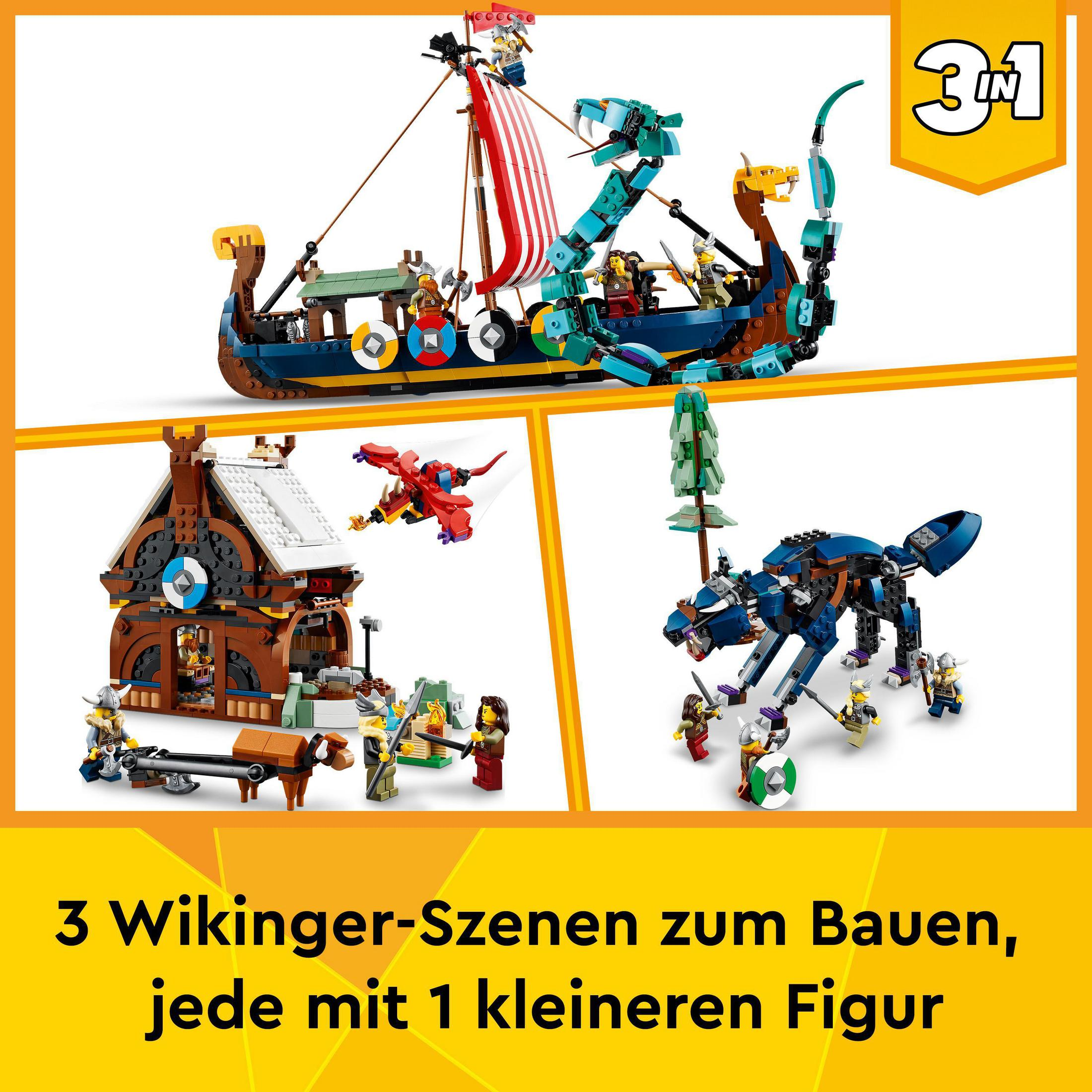 Lego-set met drie Viking-scènes, elk met figuren, een schip, een gebouw en een wolf.