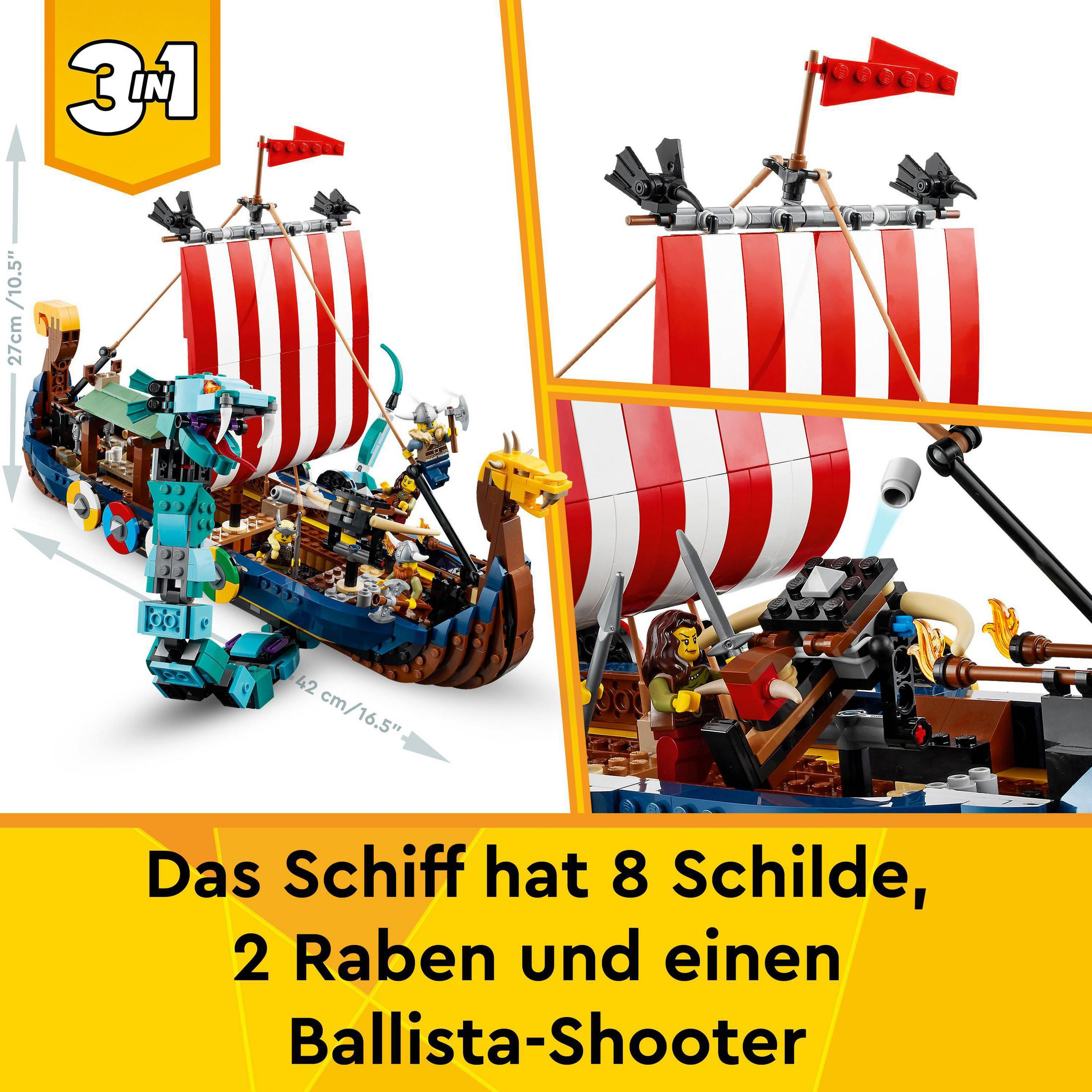 Een Lego Vikingschip met rood-witte gestreepte zeilen. Een kleinere Lego-structuur is bevestigd. Tekst is zichtbaar.
