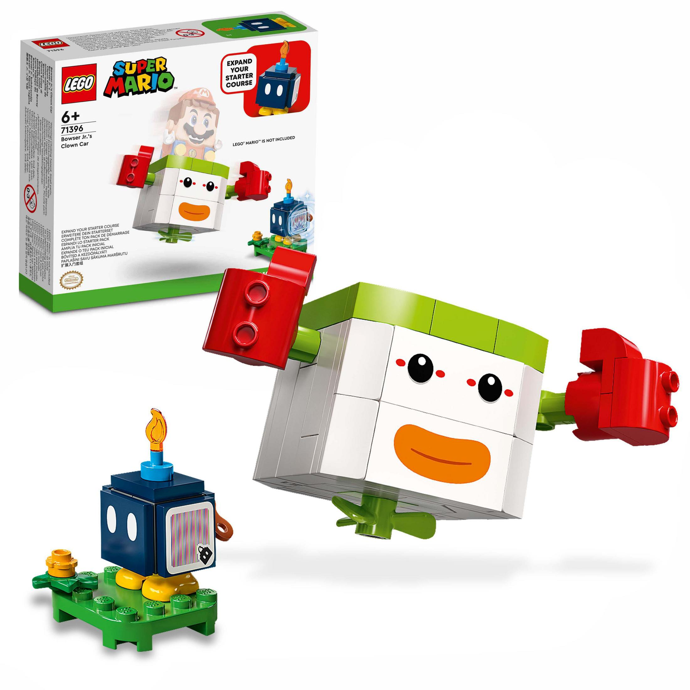 Lego Super Mario Set. Figuren und Box. Weißer Hintergrund.