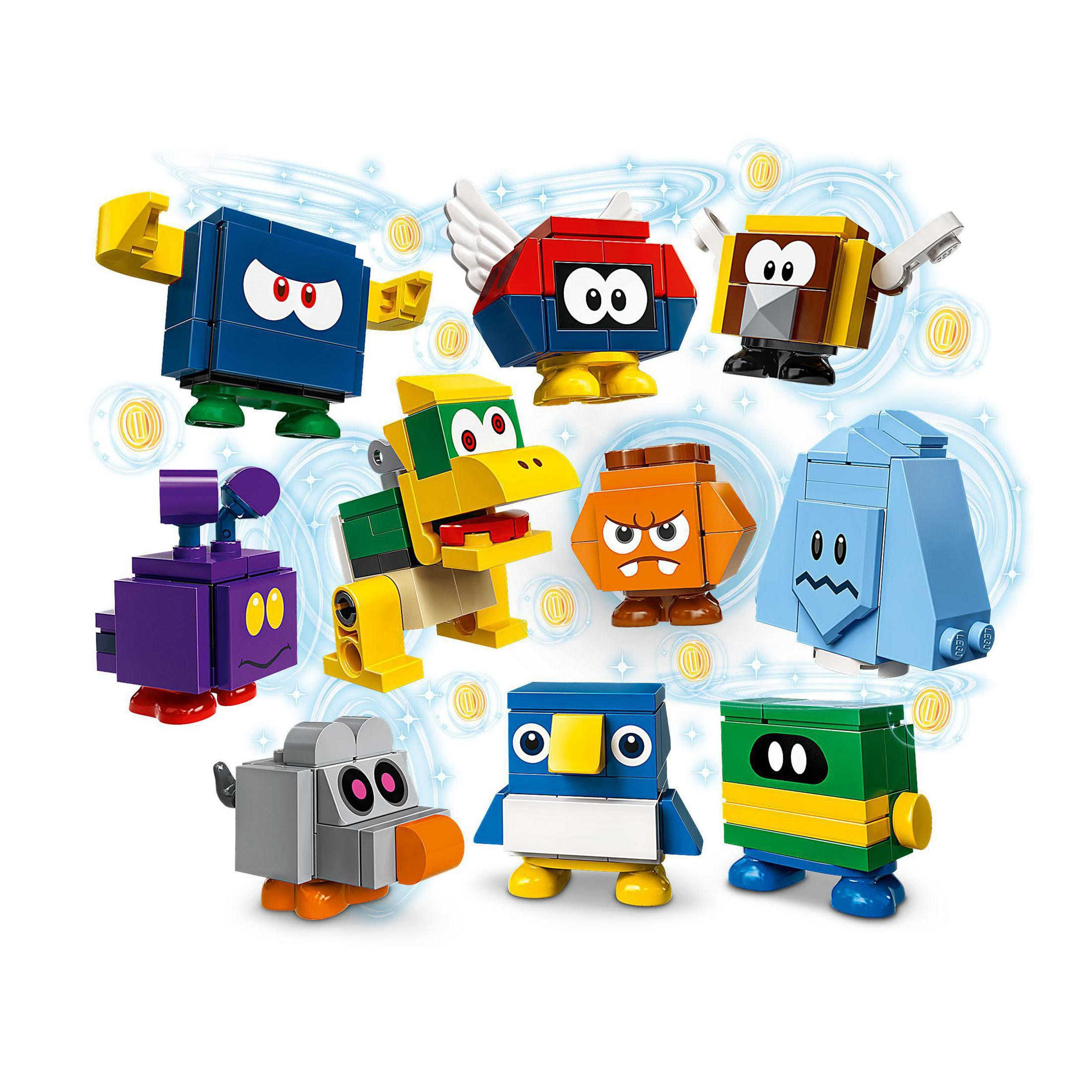 Beyaz zemin üzerinde çeşitli renkli Lego Super Mario karakterleri.