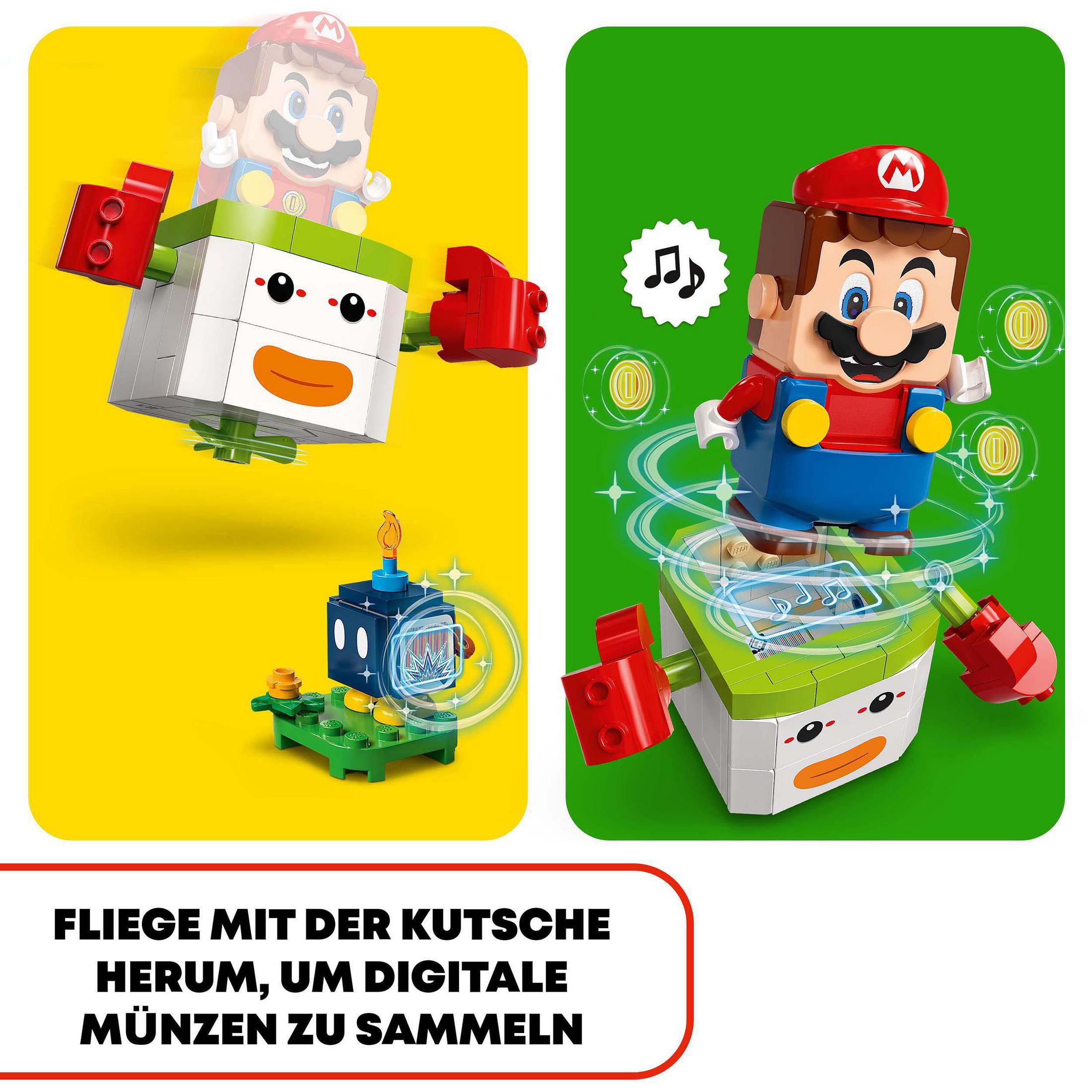 Lego-Set mit Mario-Figur auf einem Wagen mit Tonsymbolen und Münzen. Ein Koopa Paratroopa ist auch gezeigt.