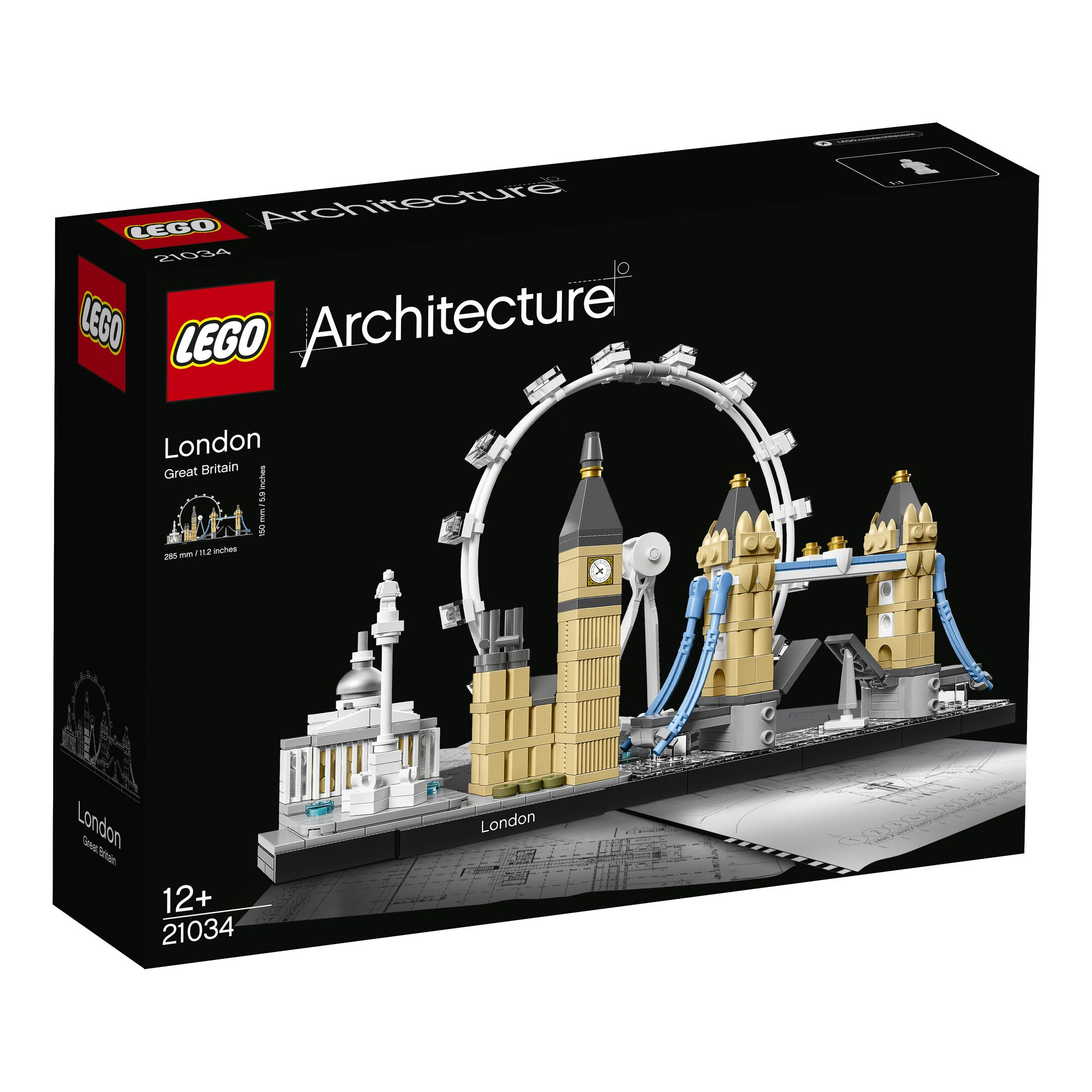 Zestaw Lego Architecture London w pudełku, z modelami London Eye i Tower Bridge.