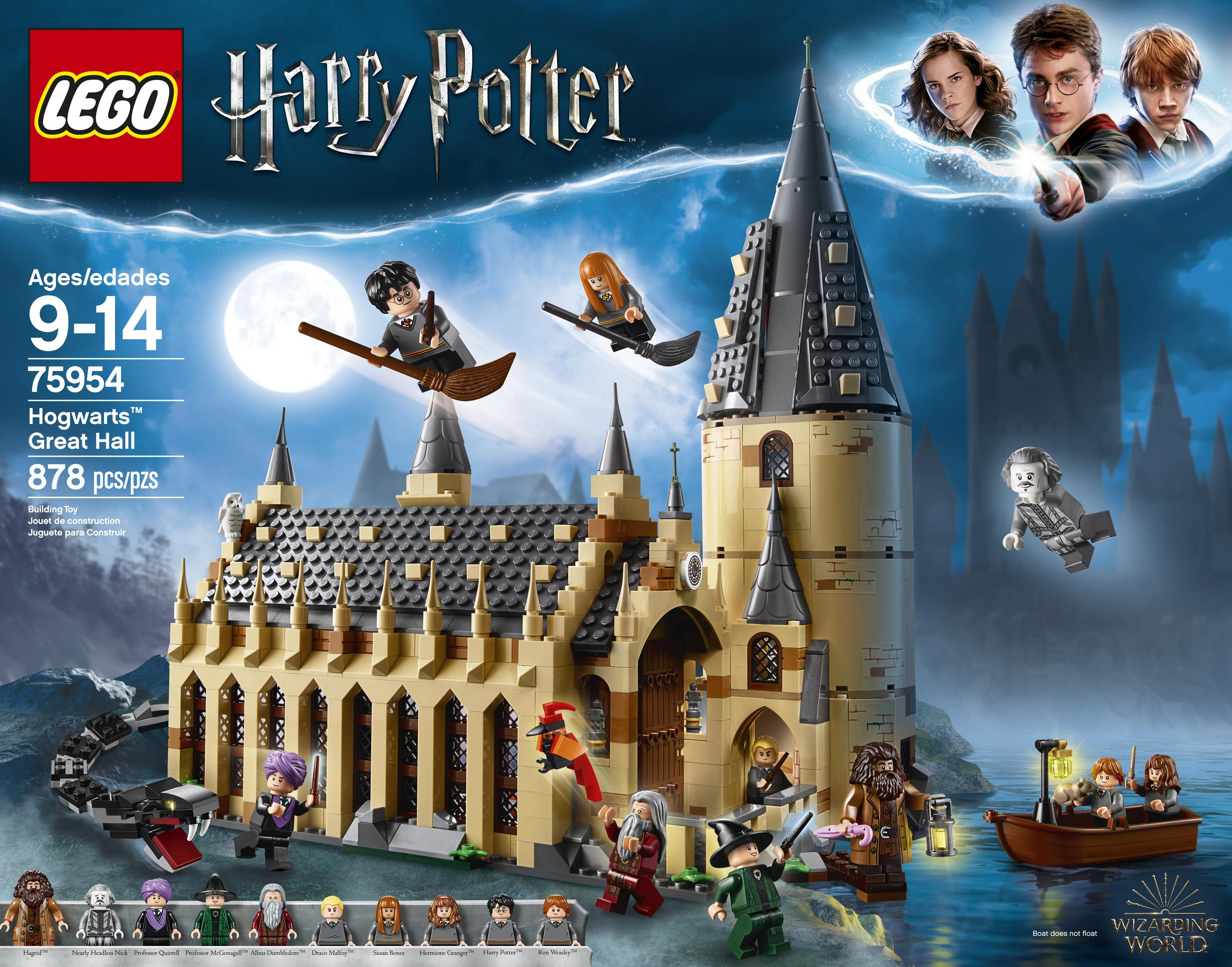 Lego-Set-Box von Hogwarts Great Hall, mit Figuren und Schlossansicht.