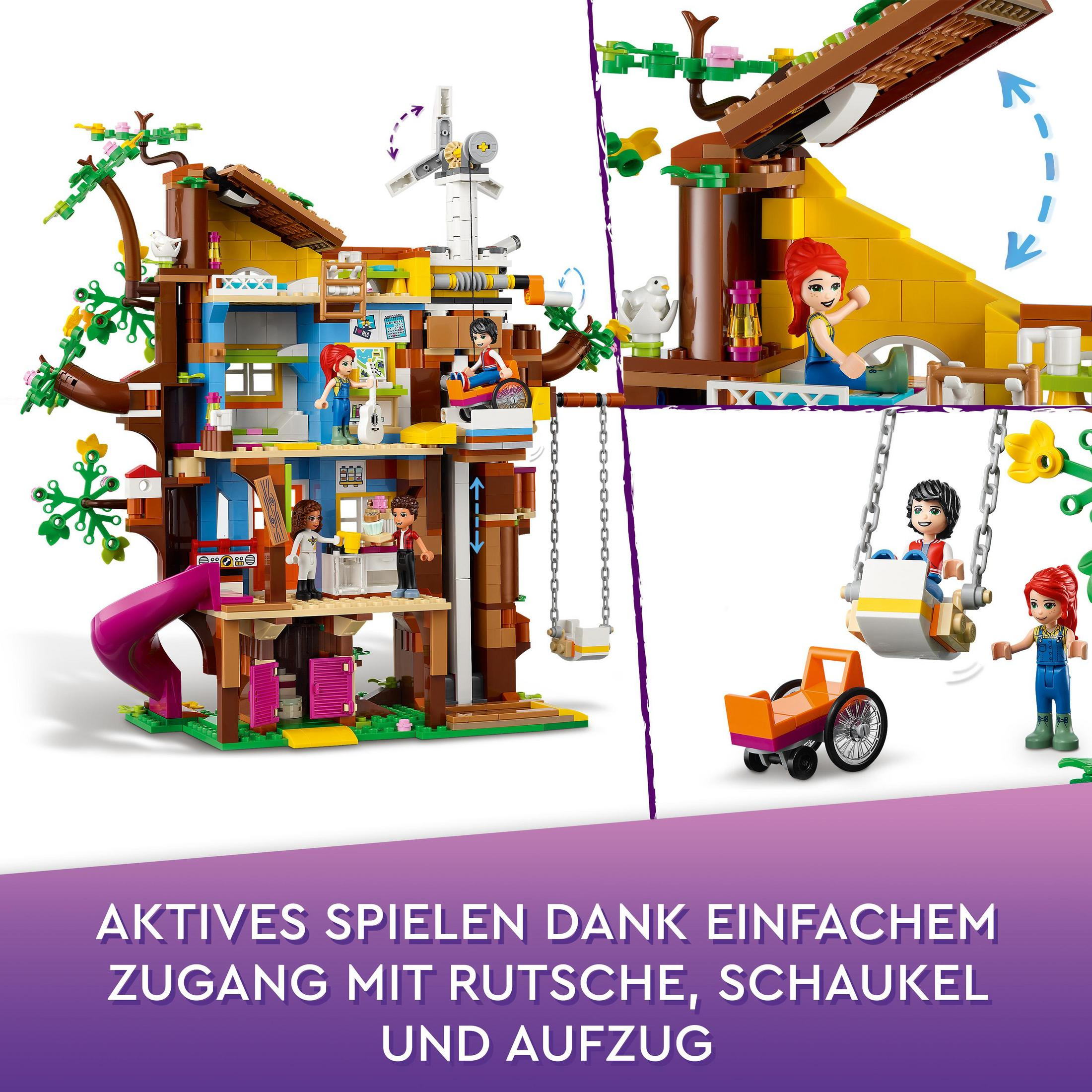 Lego-Baumhaus mit Figuren, Rutsche, Schaukel und Text in Deutsch, der zum Spielen auffordert.