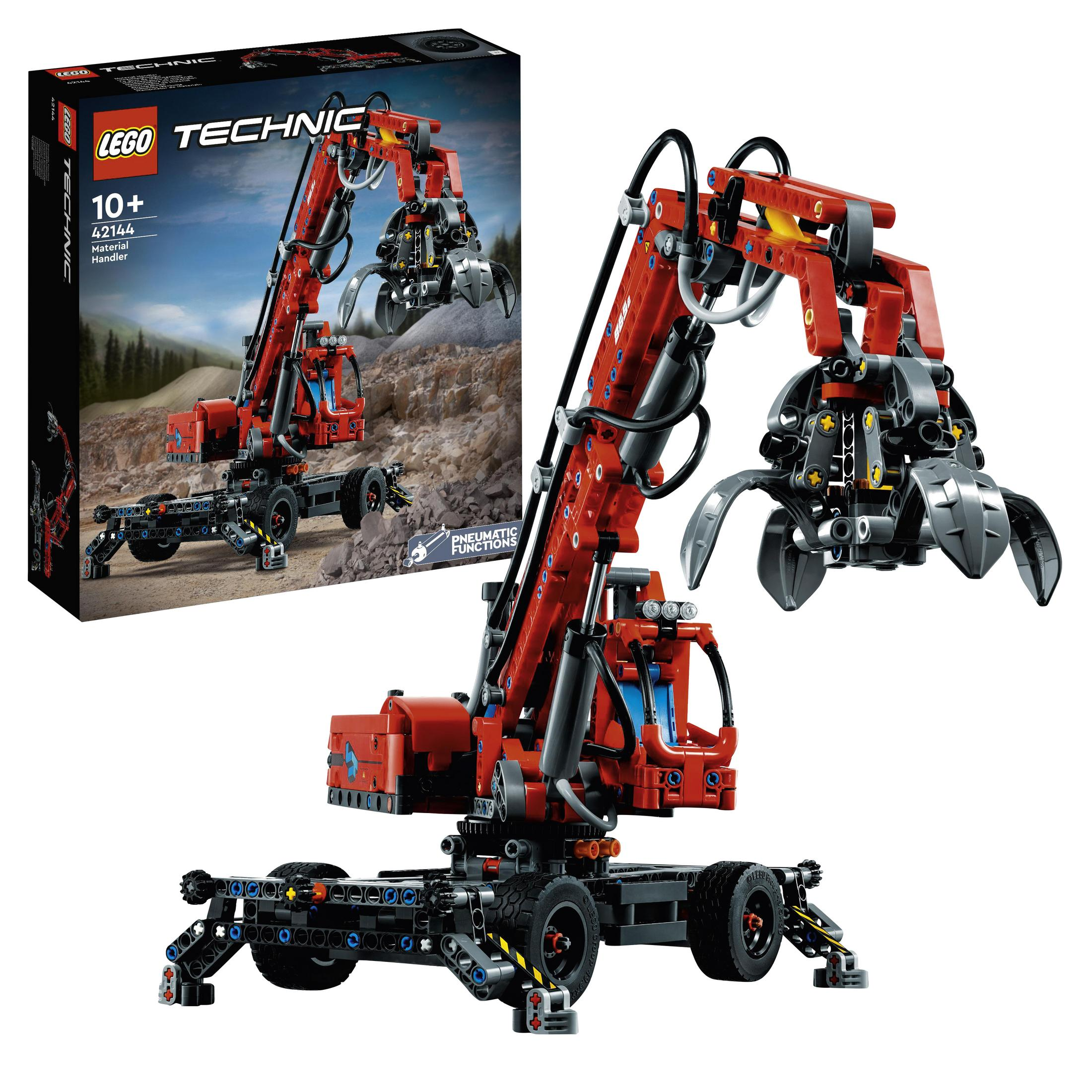Lego Technic Kran-Set mit der Box. Der Kran ist rot und schwarz, mit detailliertem Design.